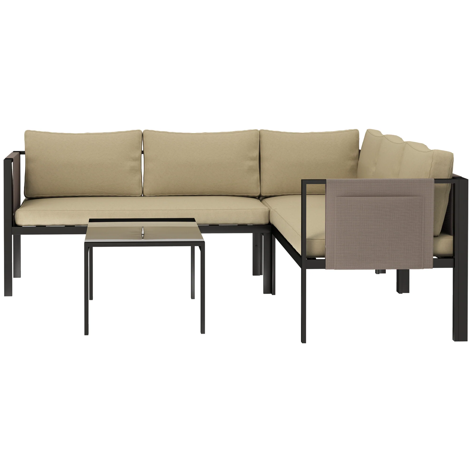 5 Seater Outdoor Conversation Furniture w/ Loveseats, Coffee Table & Mesh Pocket, Khaki - Image 2