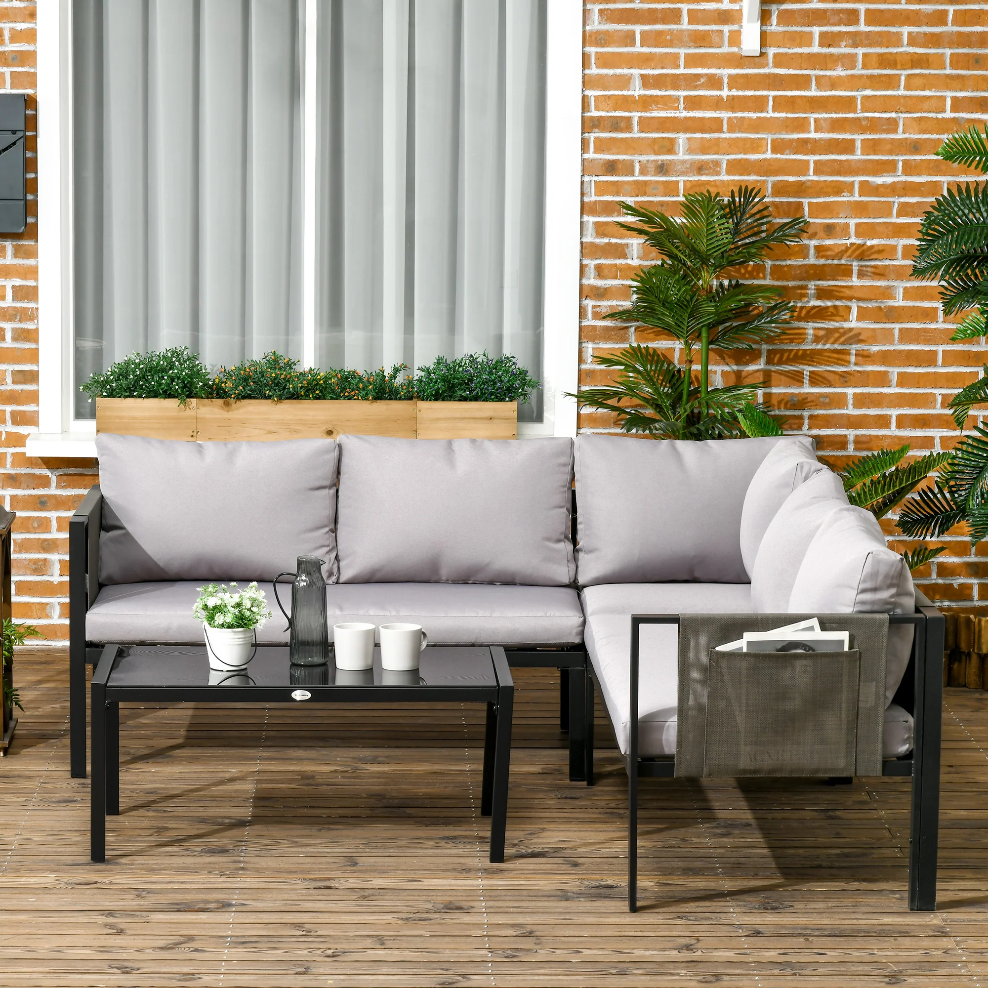 5 Seater Outdoor Conversation Furniture w/ Loveseats, Coffee Table & Mesh Pocket, Light Grey - Image 3