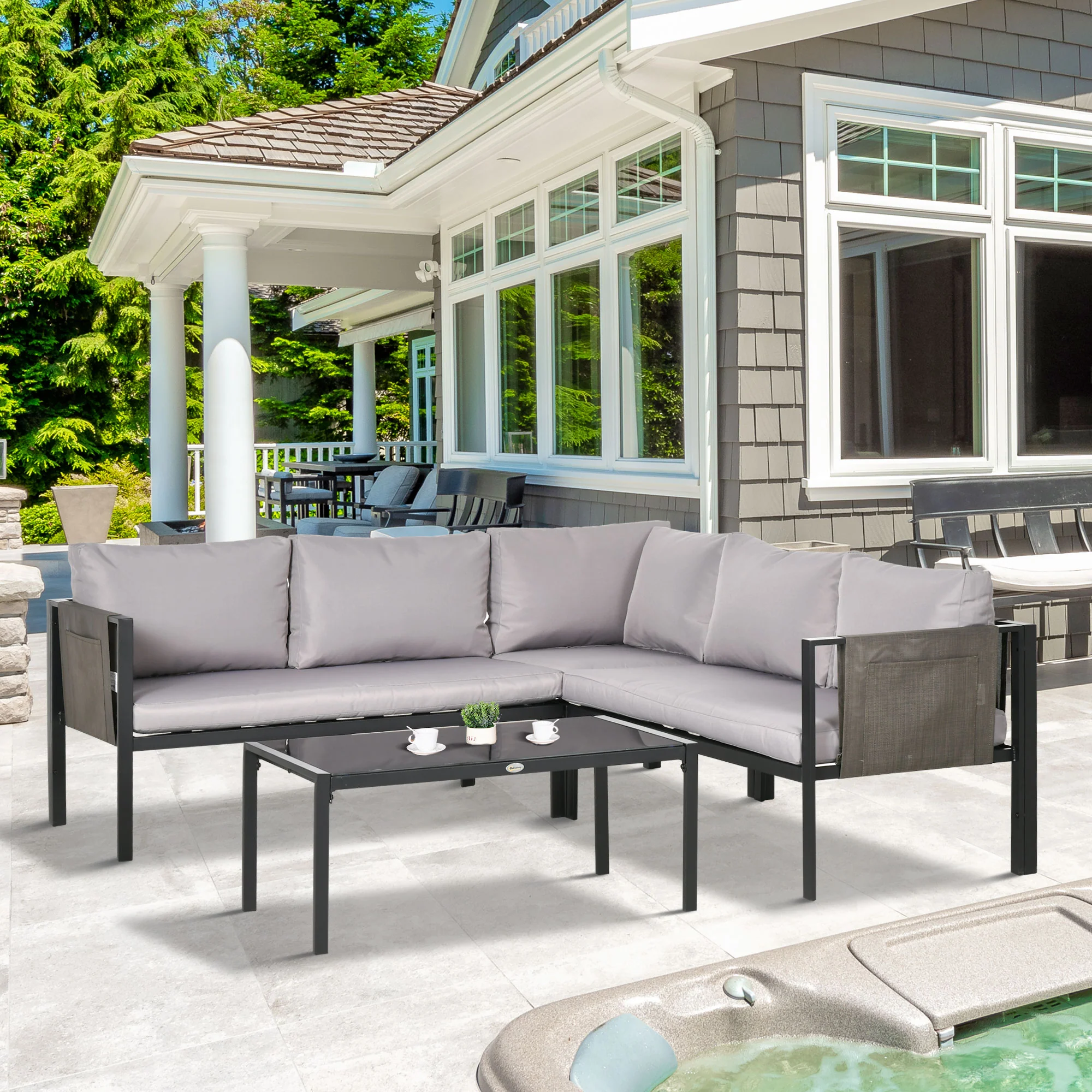 5 Seater Outdoor Conversation Furniture w/ Loveseats, Coffee Table & Mesh Pocket, Light Grey - Image 4