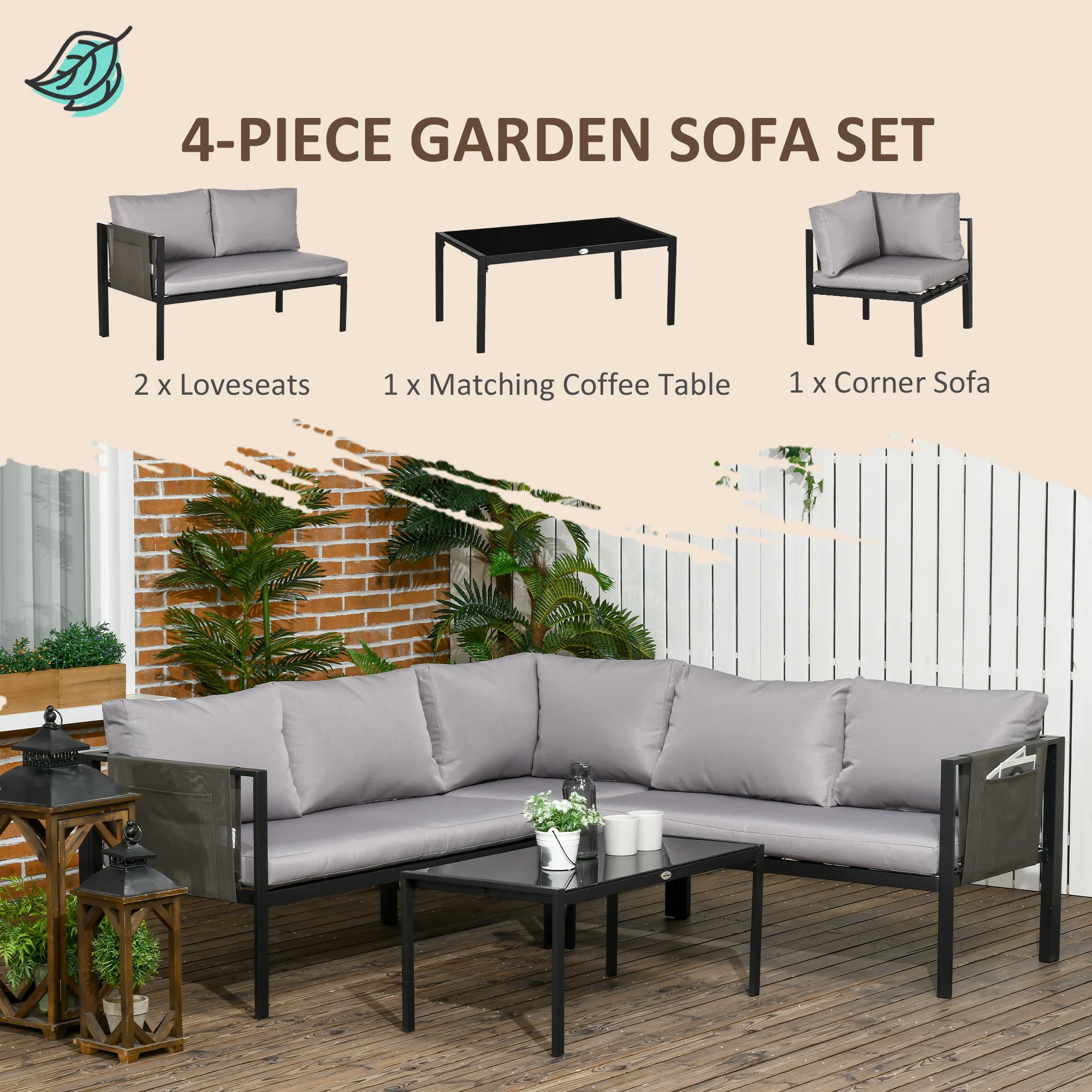 5 Seater Outdoor Conversation Furniture w/ Loveseats, Coffee Table & Mesh Pocket, Light Grey - Image 6