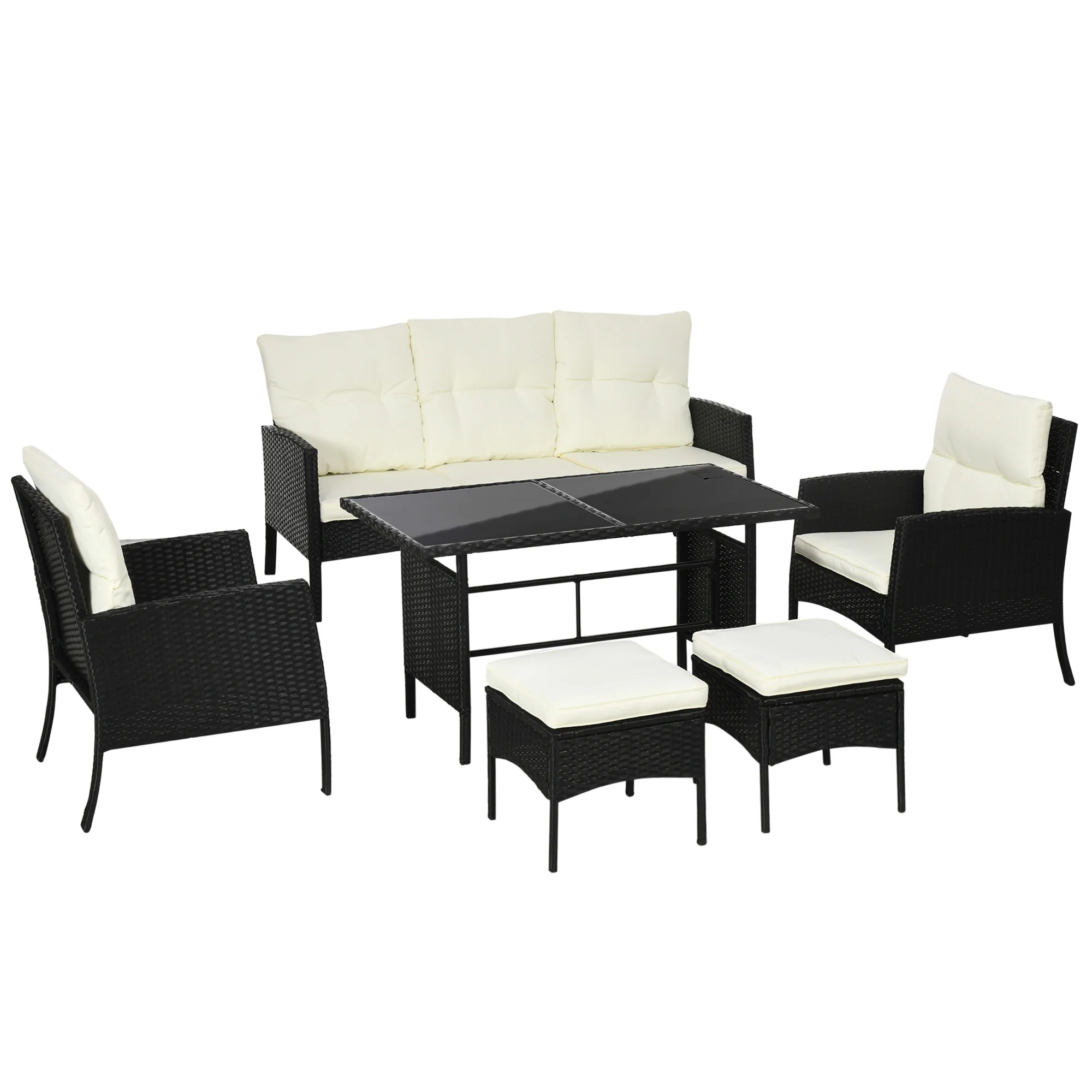 5 Seater Rattan Garden Furniture Set W/ 2 Armchairs, Sofa, Footstools & Glass Table, White