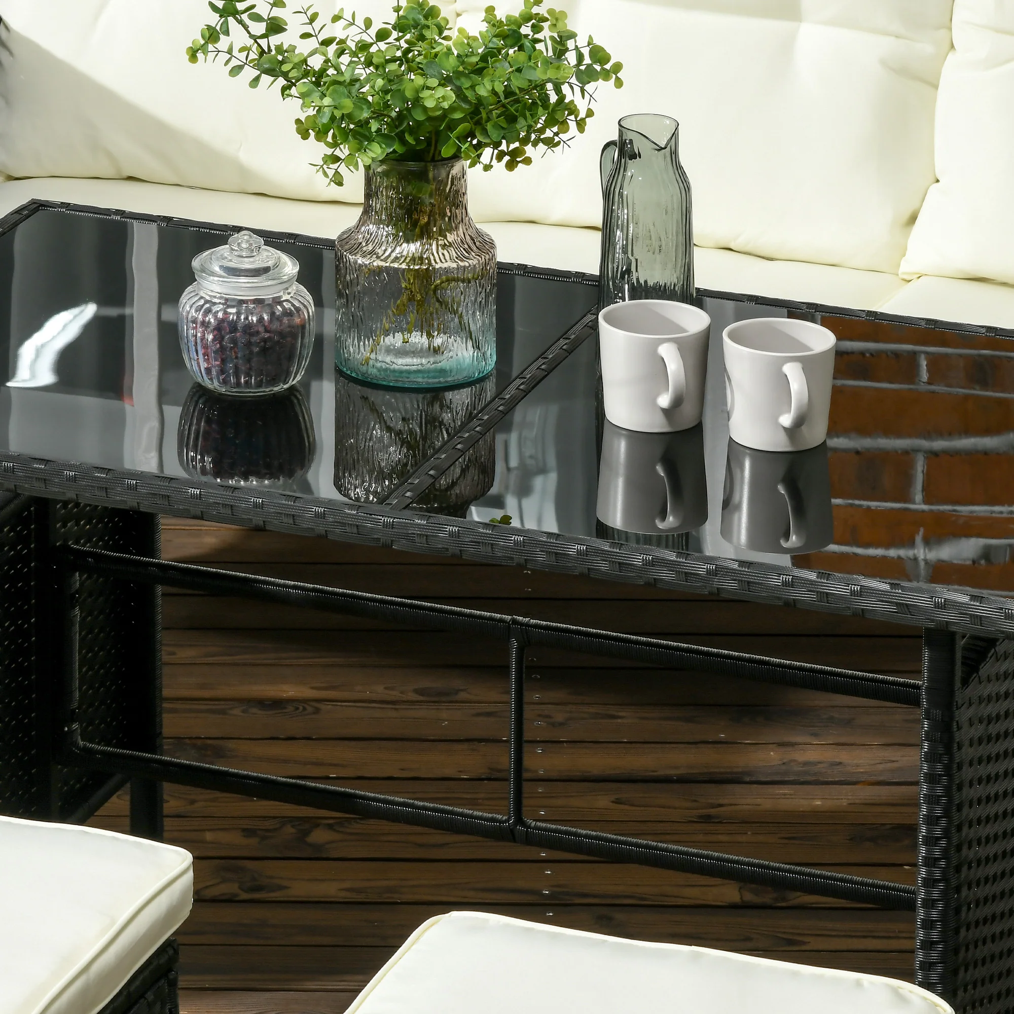 5 Seater Rattan Garden Furniture Set W/ 2 Armchairs, Sofa, Footstools & Glass Table, White - Image 11
