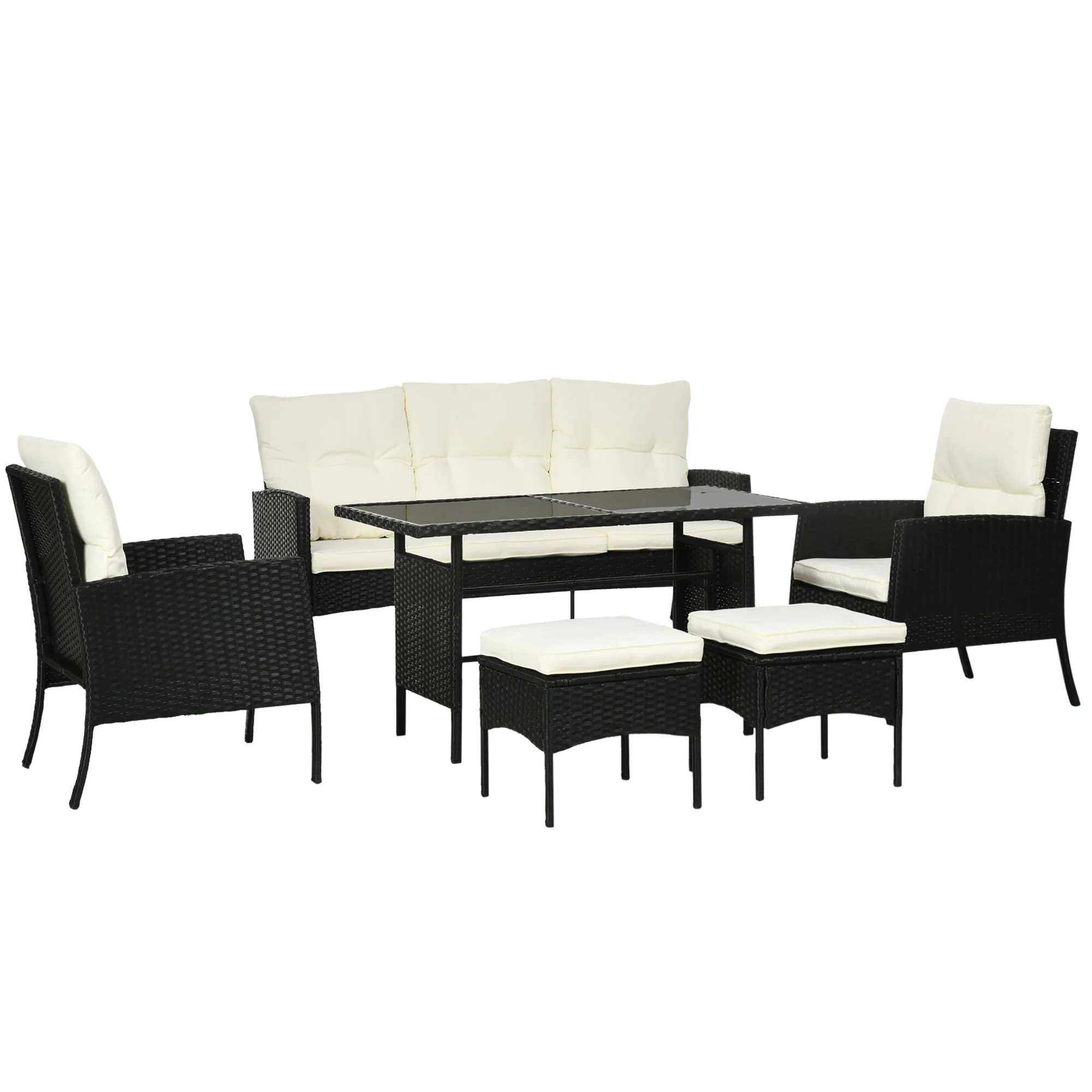 5 Seater Rattan Garden Furniture Set W/ 2 Armchairs, Sofa, Footstools & Glass Table, White - Image 2