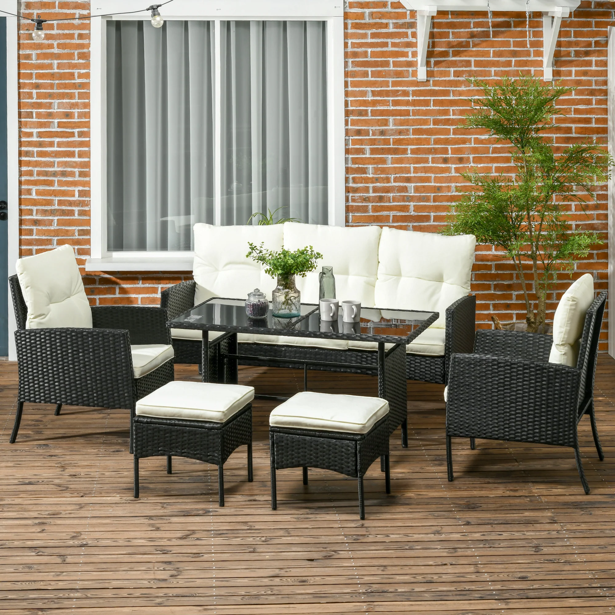 5 Seater Rattan Garden Furniture Set W/ 2 Armchairs, Sofa, Footstools & Glass Table, White - Image 3