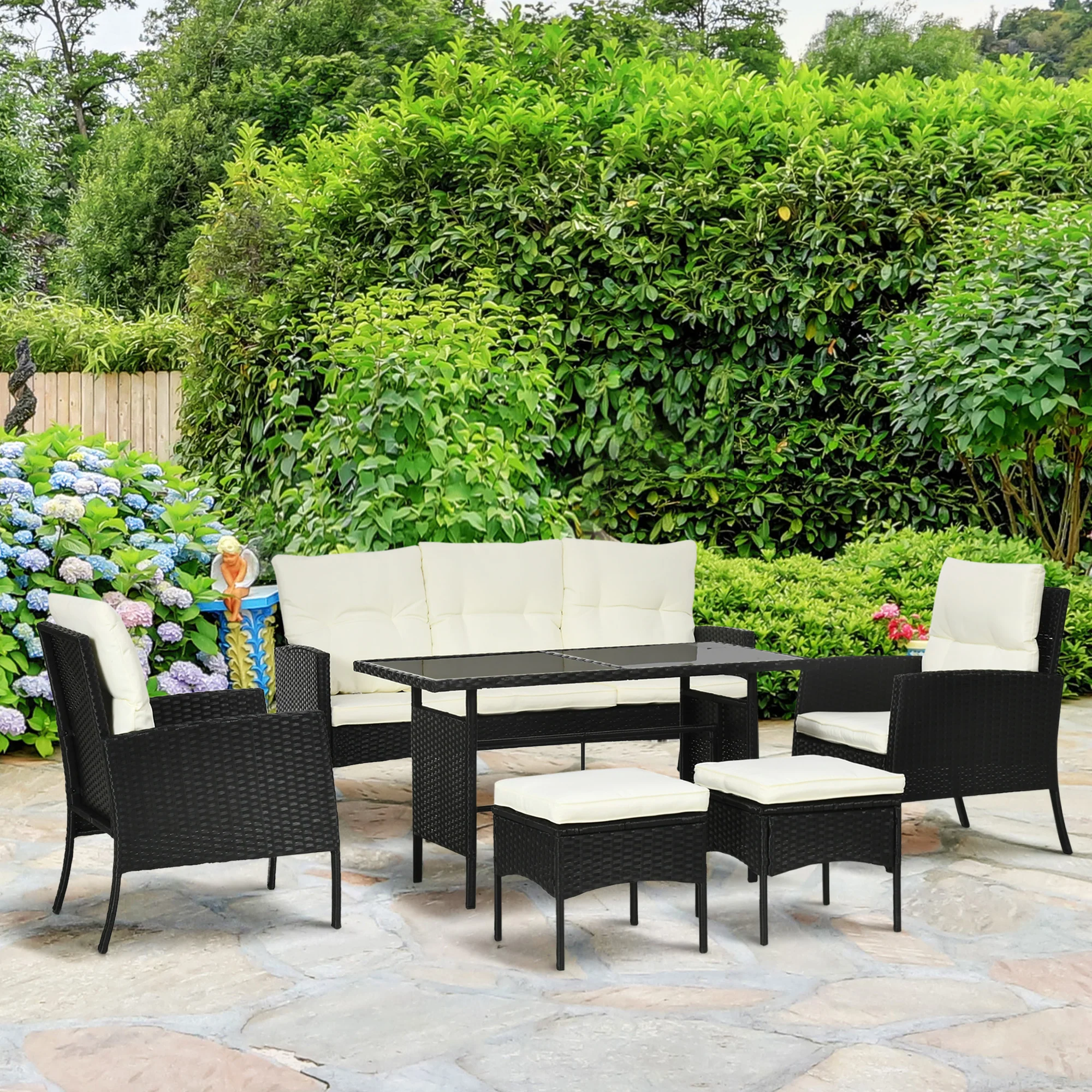 5 Seater Rattan Garden Furniture Set W/ 2 Armchairs, Sofa, Footstools & Glass Table, White - Image 4
