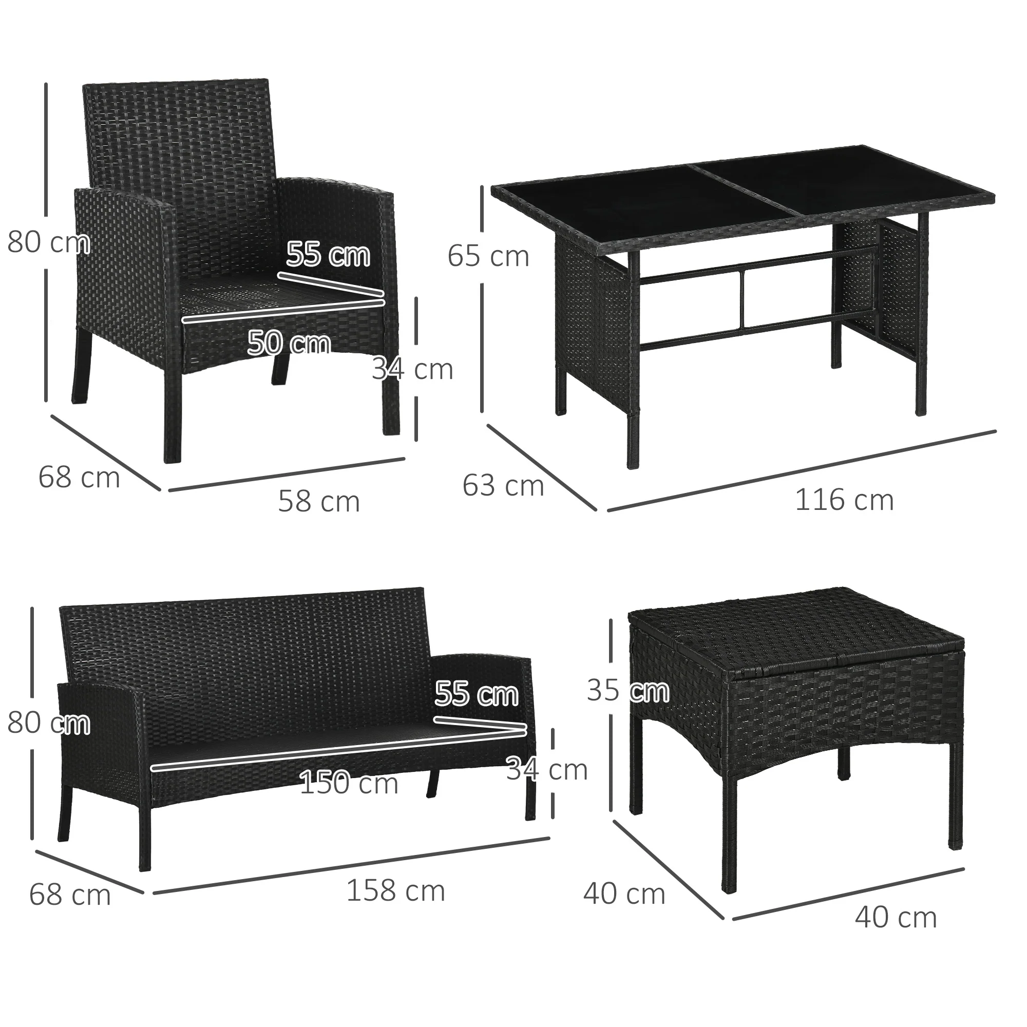 5 Seater Rattan Garden Furniture Set W/ 2 Armchairs, Sofa, Footstools & Glass Table, White - Image 5