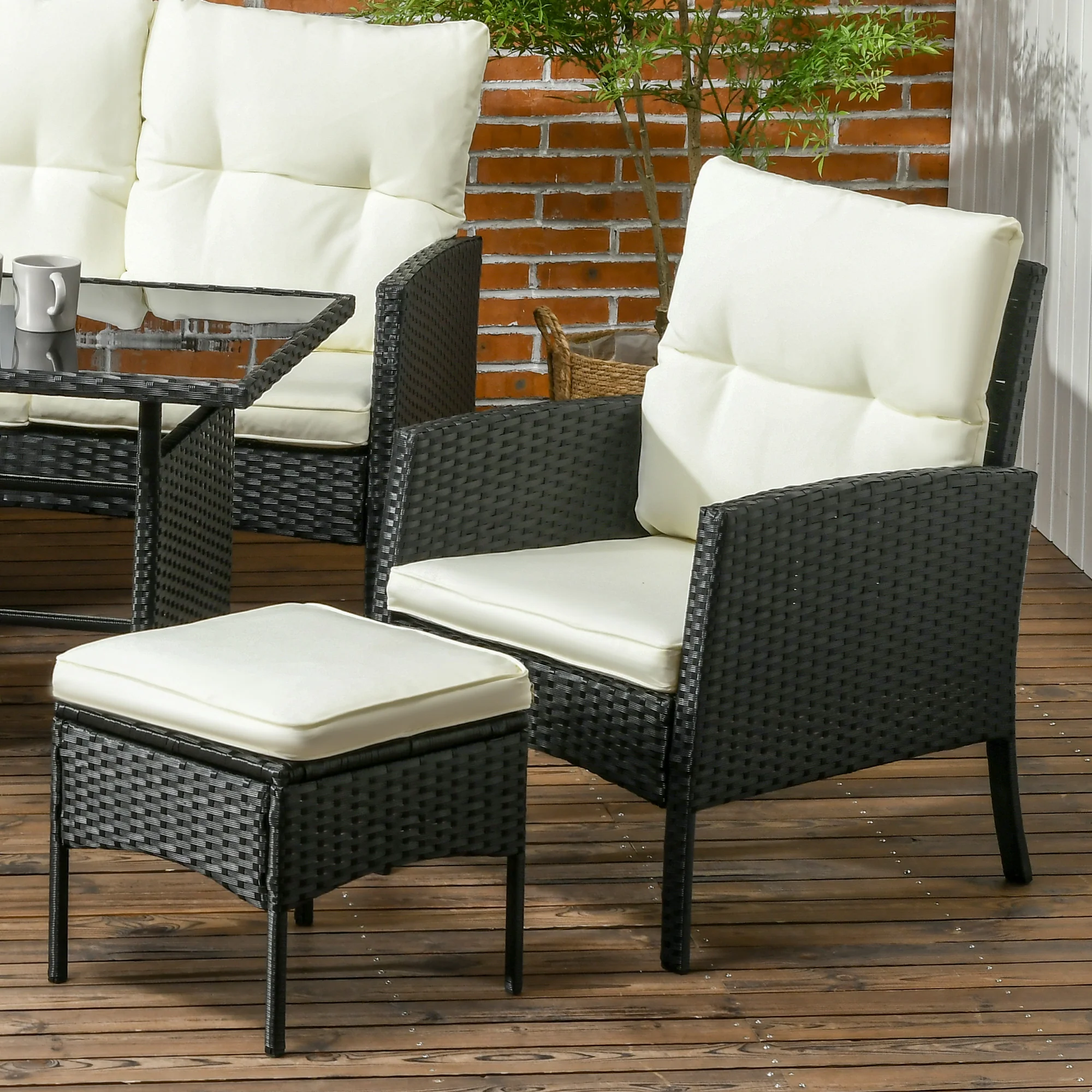 5 Seater Rattan Garden Furniture Set W/ 2 Armchairs, Sofa, Footstools & Glass Table, White - Image 9