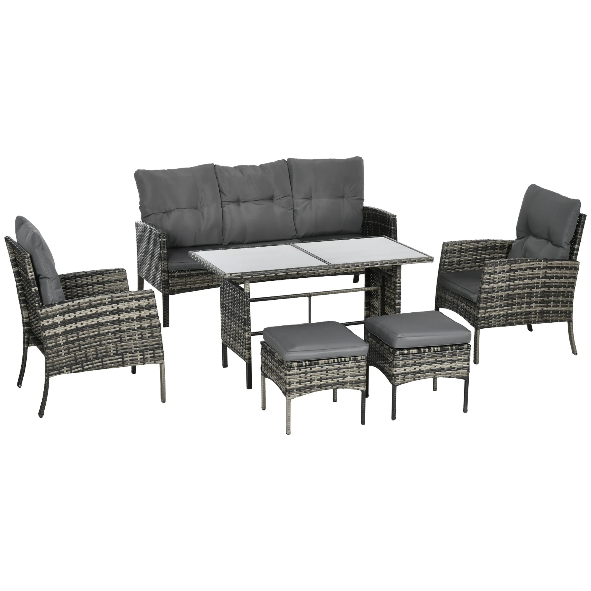 5 Seater Rattan Garden Furniture Set W/ 2 Armchairs, Sofa, Footstools & Glass Table, Mixed Grey - Image 12