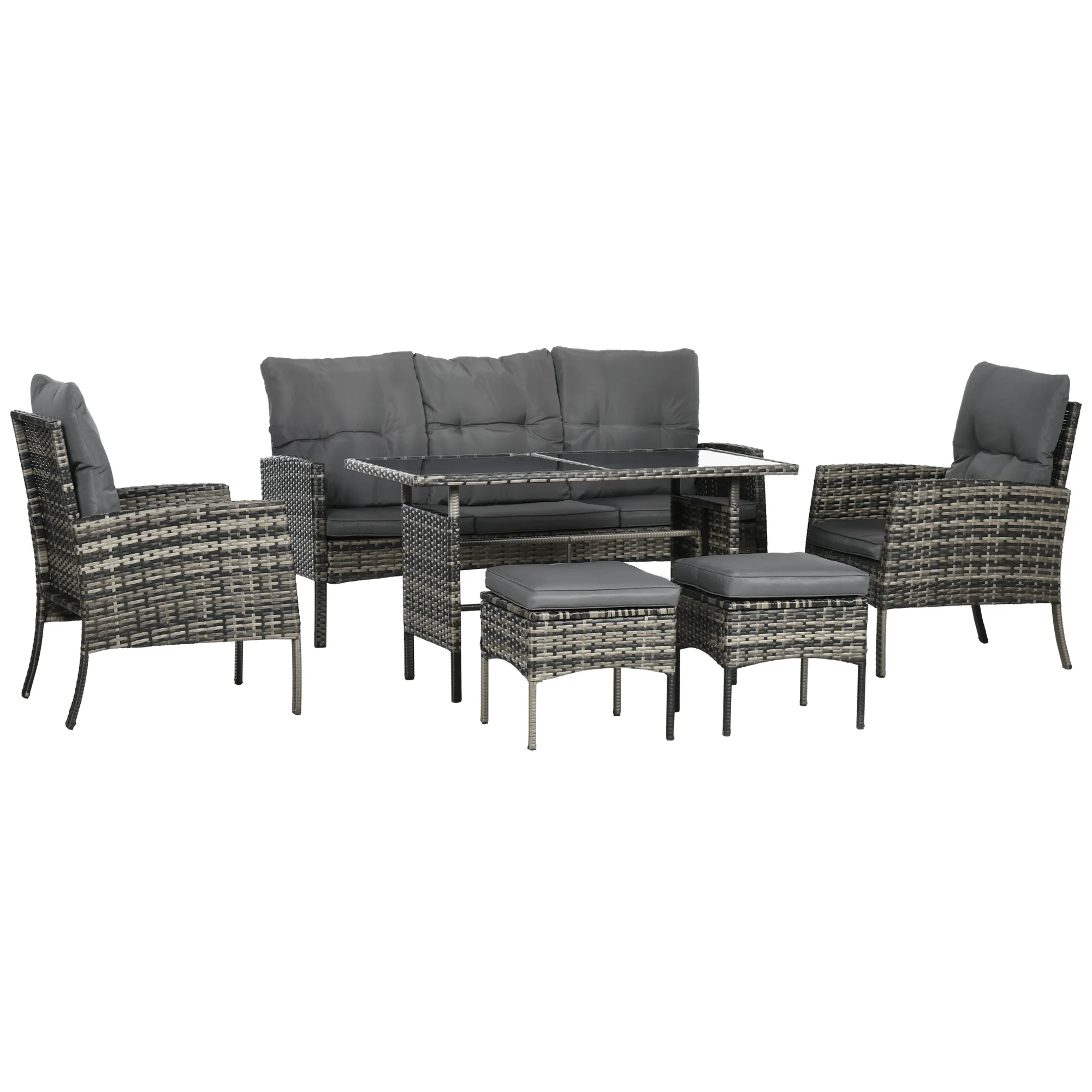 5 Seater Rattan Garden Furniture Set W/ 2 Armchairs, Sofa, Footstools & Glass Table, Mixed Grey - Image 2