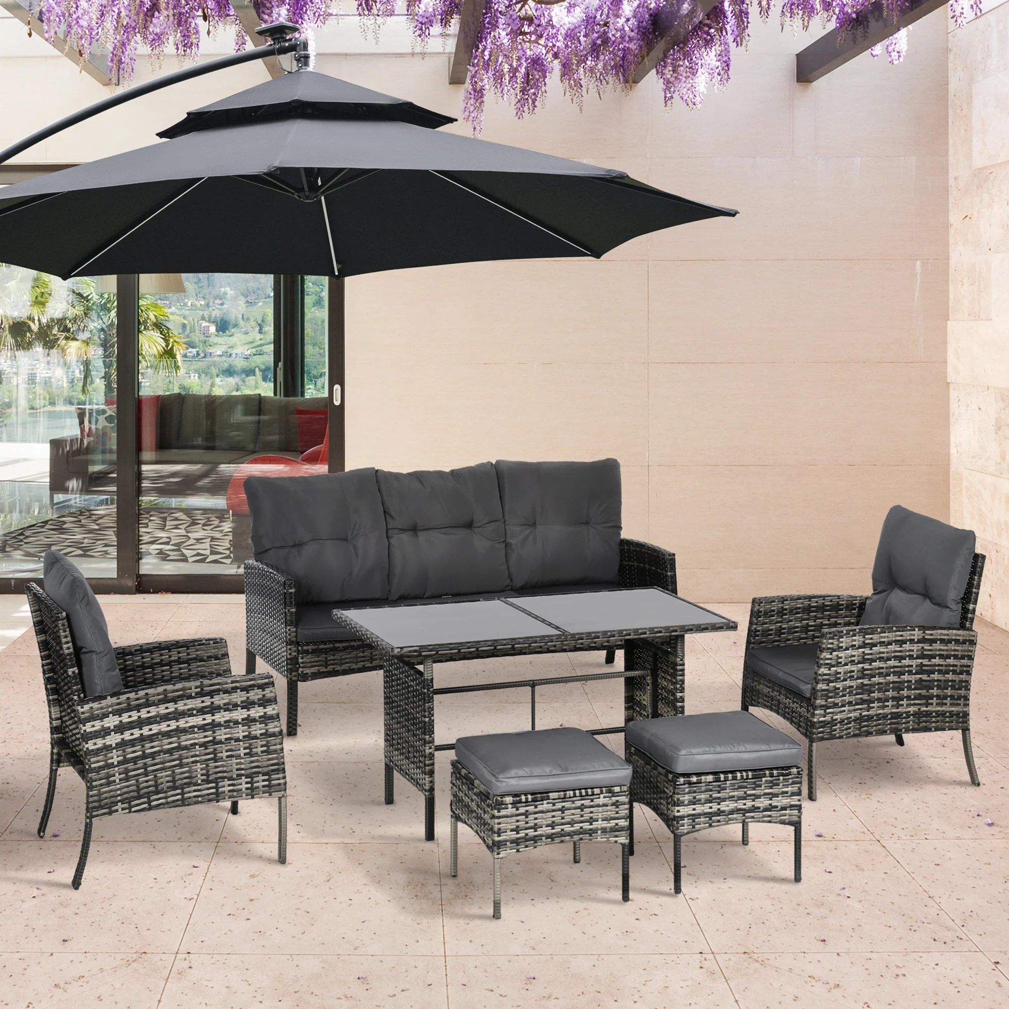 5 Seater Rattan Garden Furniture Set W/ 2 Armchairs, Sofa, Footstools & Glass Table, Mixed Grey - Image 4