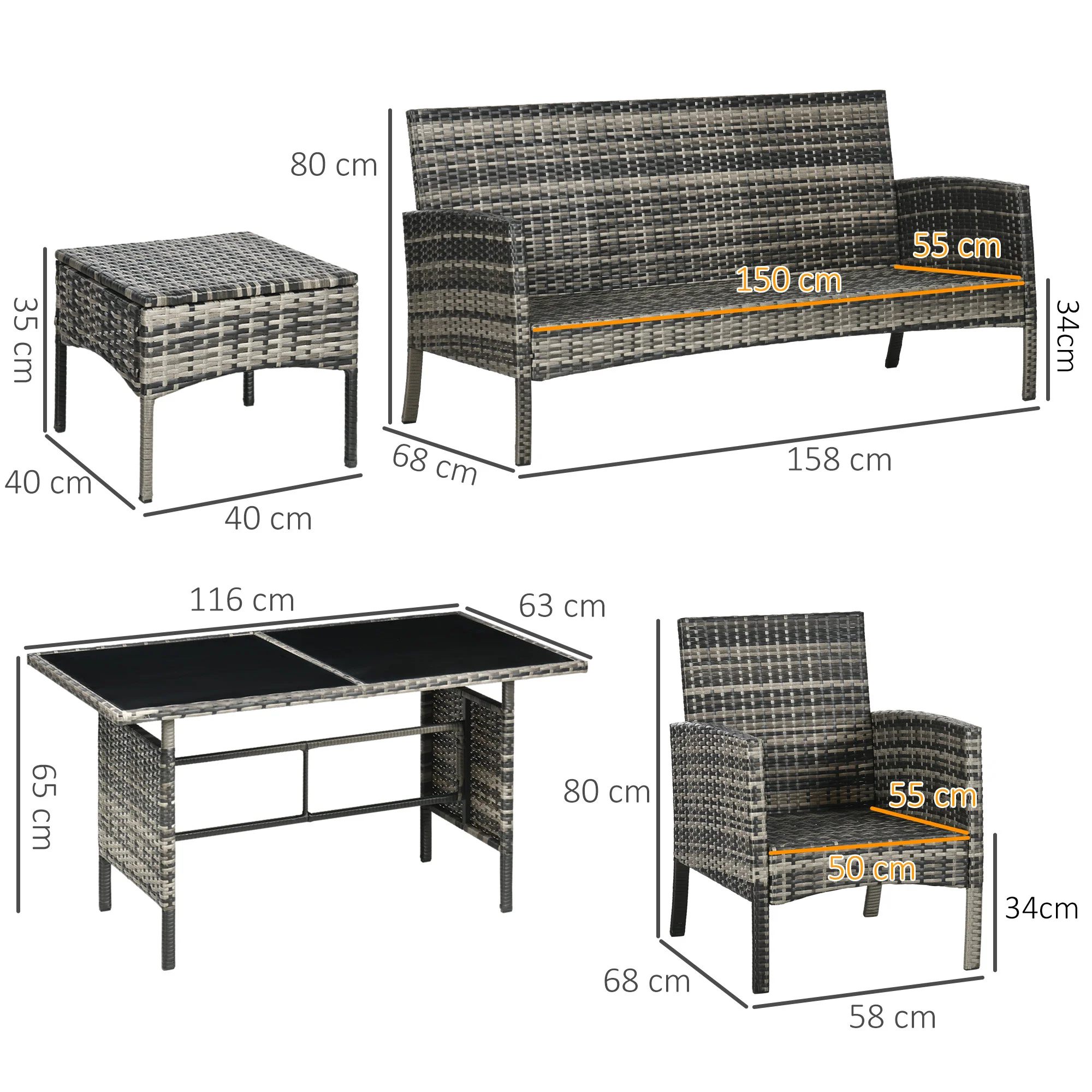 5 Seater Rattan Garden Furniture Set W/ 2 Armchairs, Sofa, Footstools & Glass Table, Mixed Grey - Image 5
