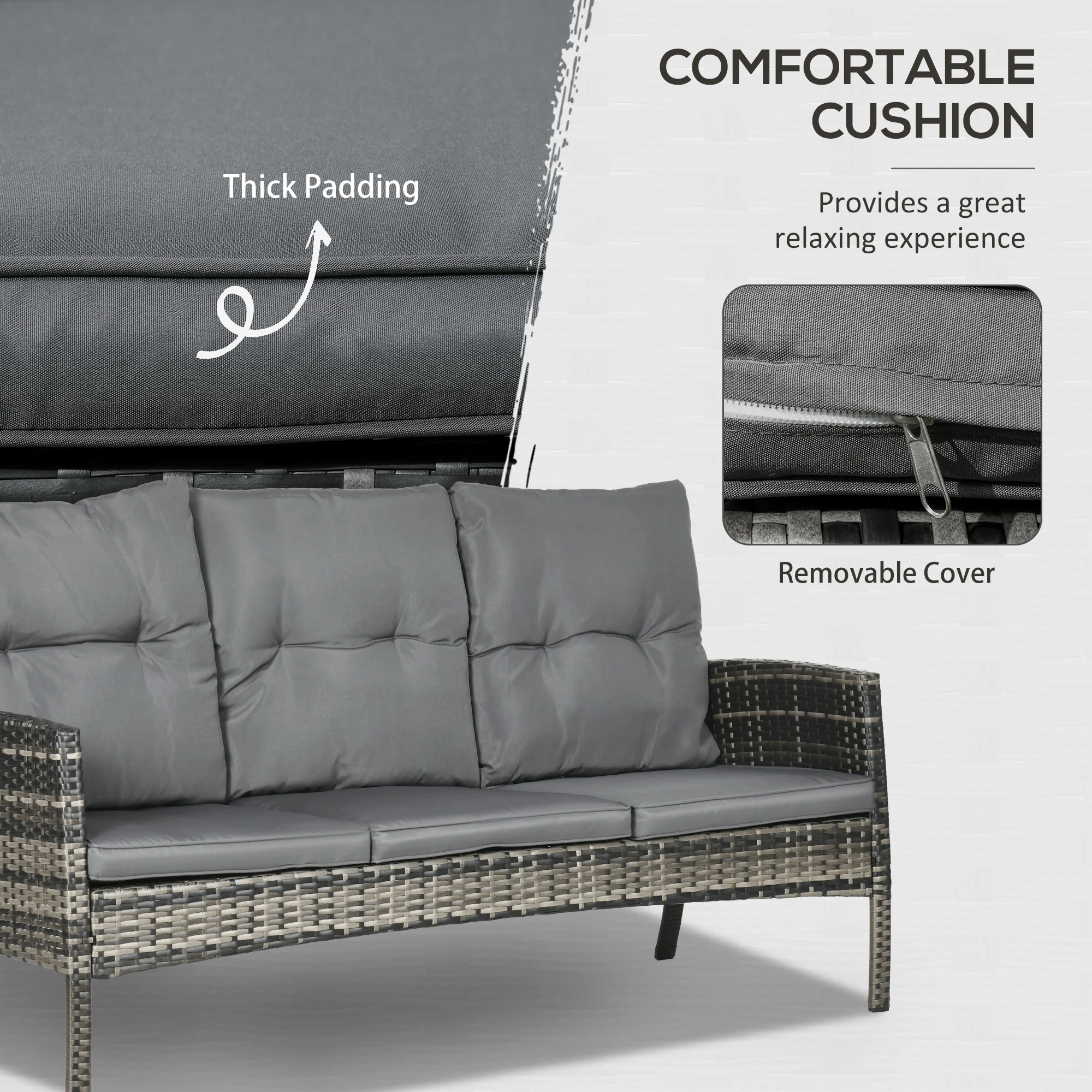 5 Seater Rattan Garden Furniture Set W/ 2 Armchairs, Sofa, Footstools & Glass Table, Mixed Grey - Image 6