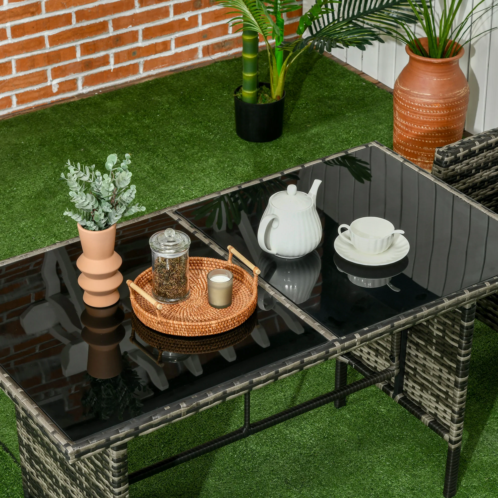 5 Seater Rattan Garden Furniture Set W/ 2 Armchairs, Sofa, Footstools & Glass Table, Mixed Grey - Image 9