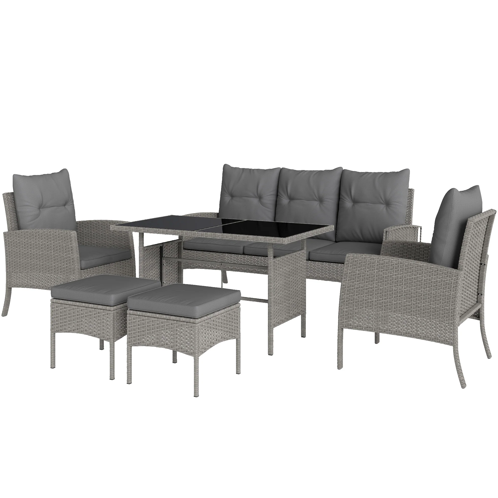 5 Seater Rattan Garden Furniture Set W/ 2 Armchairs, Sofa, Footstools & Glass Table, Grey - Image 2