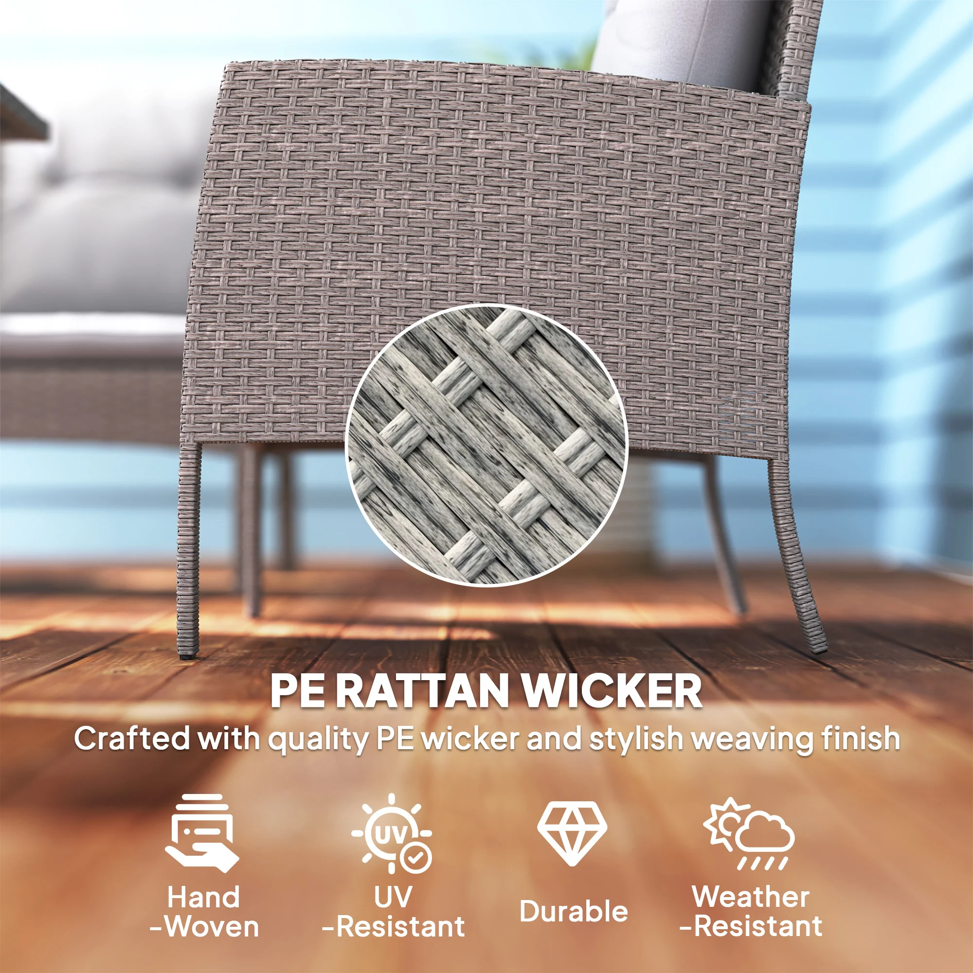 5 Seater Rattan Garden Furniture Set W/ 2 Armchairs, Sofa, Footstools & Glass Table, Grey - Image 6