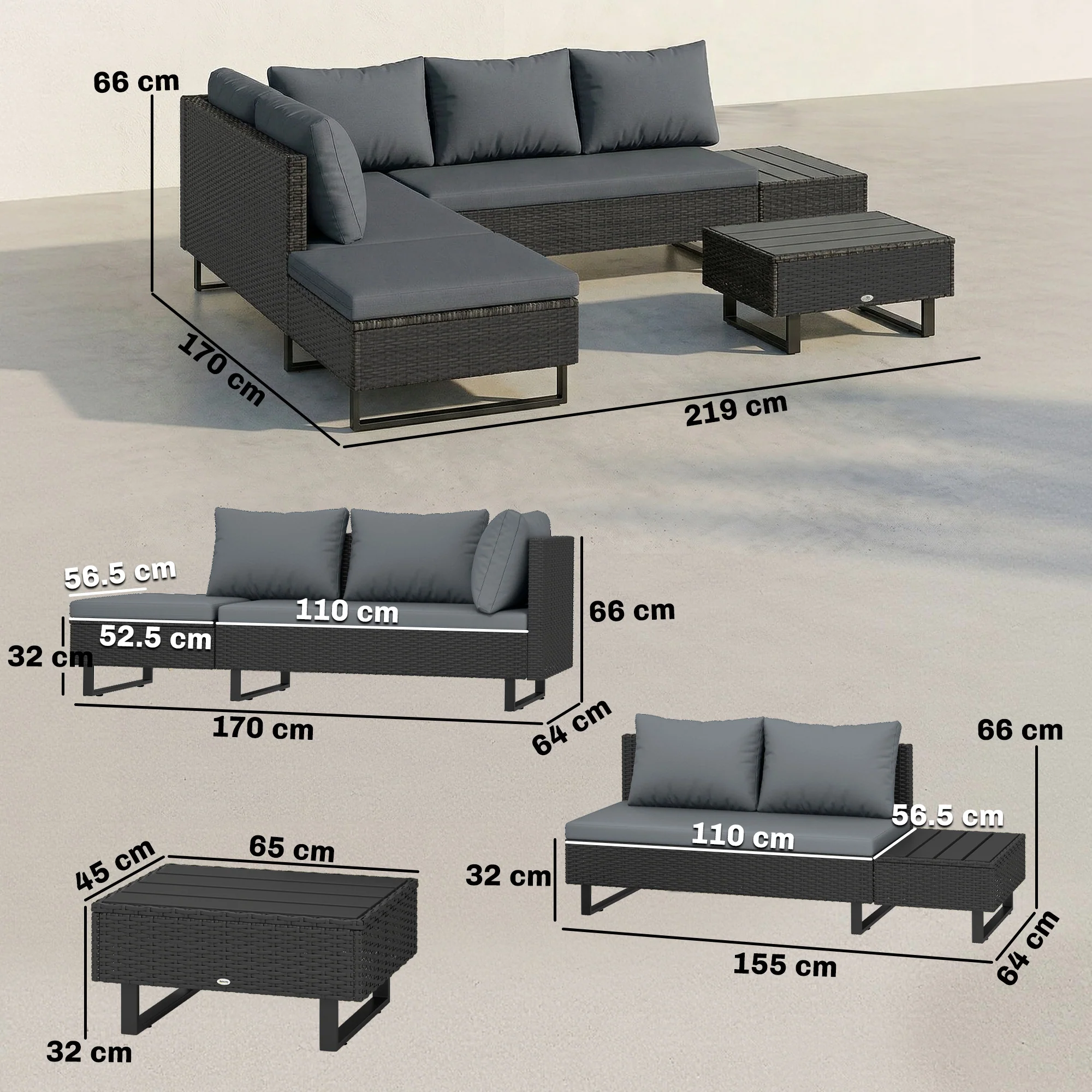 5-Seat L-Shaped Rattan Sofa Set with Adjustable Back, Cushions & Table Dark Grey - Image 5