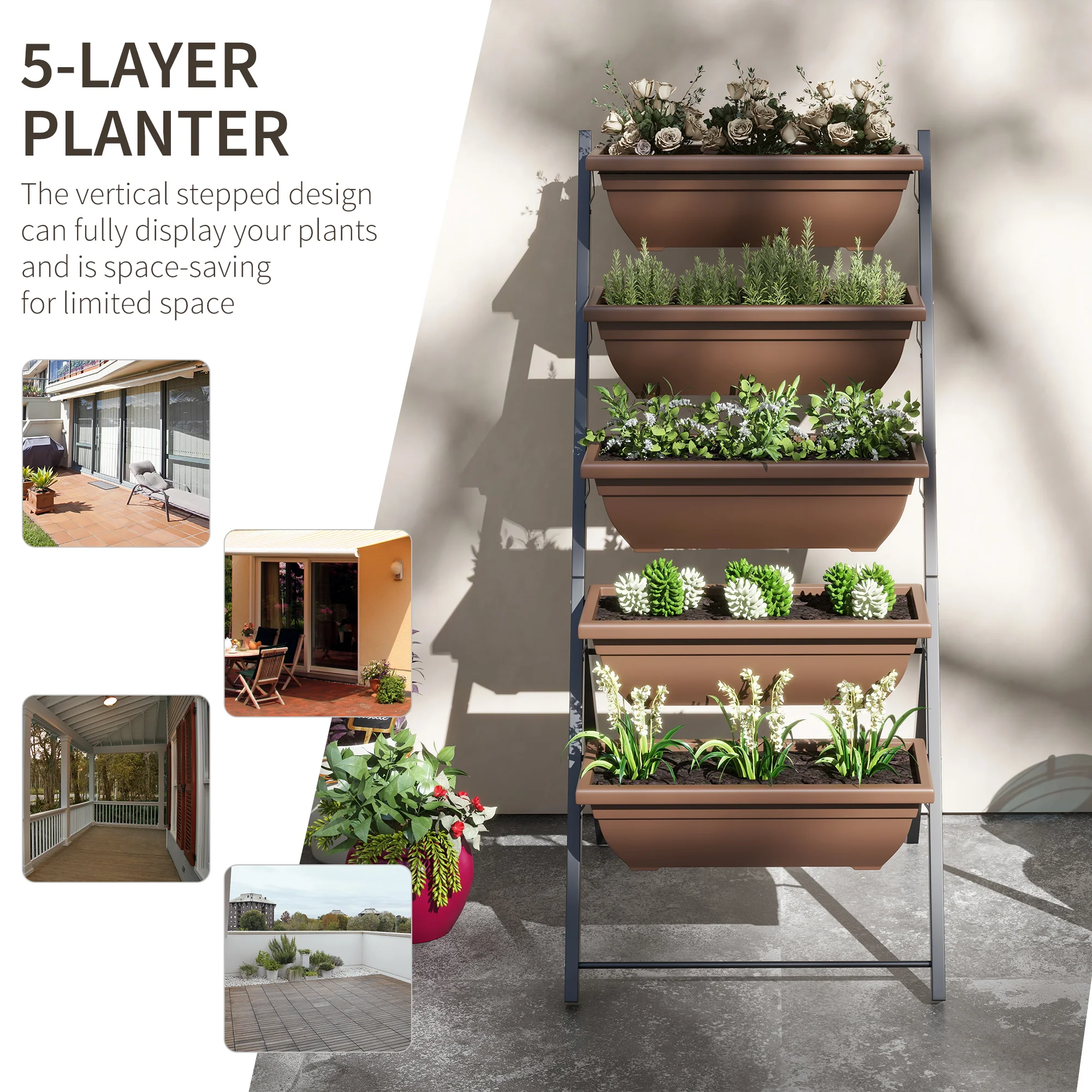 5-Tier Raised Garden Bed with 5 Planter Boxes, Brown - Image 6
