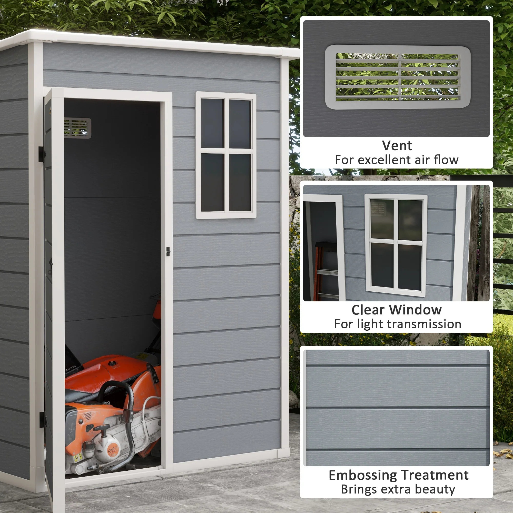 5' x 3' Outdoor Storage Shed with Lockable Door & Window, Waterproof, Grey - Image 7