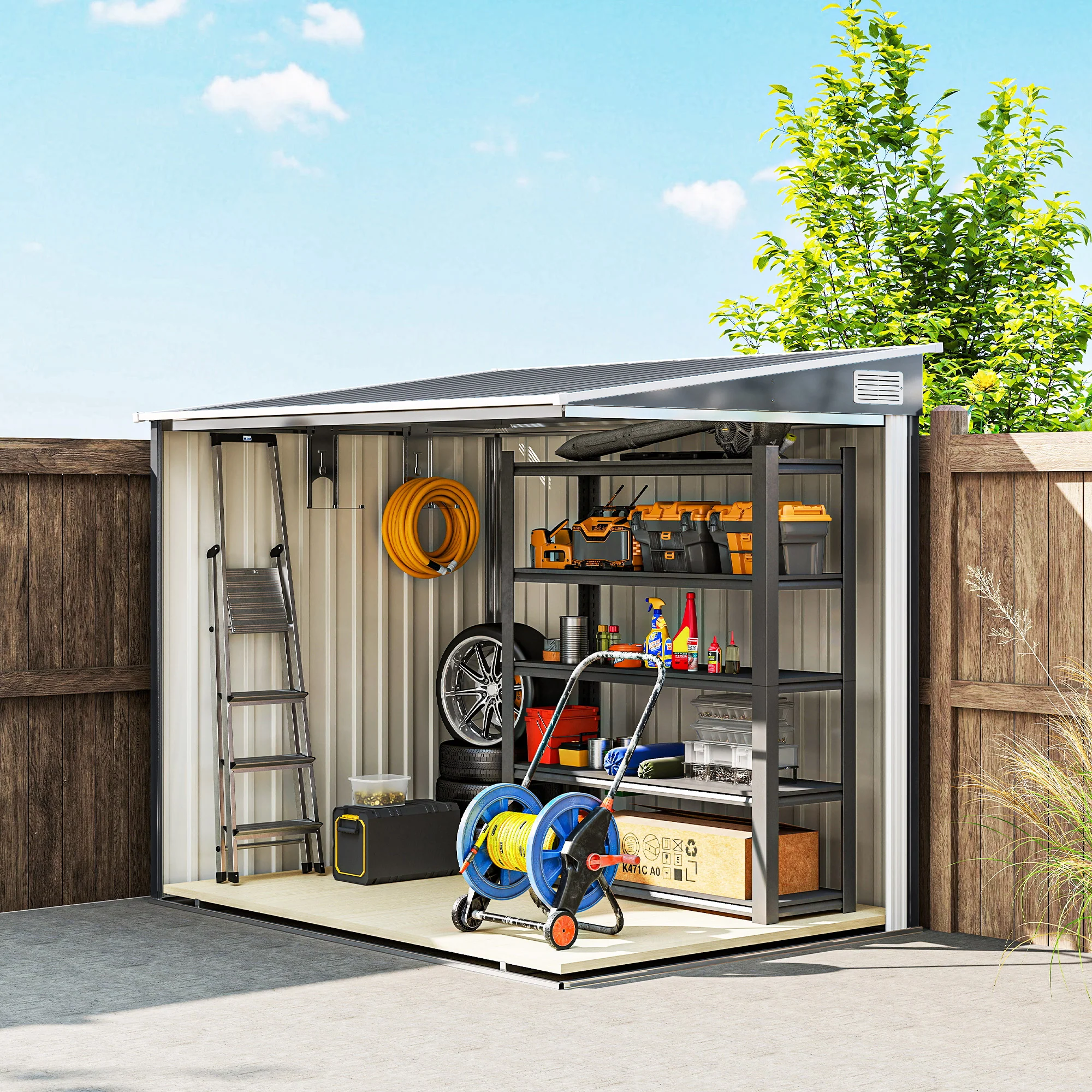 5' x 7' Lean-to Metal Shed with Sliding Door & Shelves, Dark Grey - Image 11