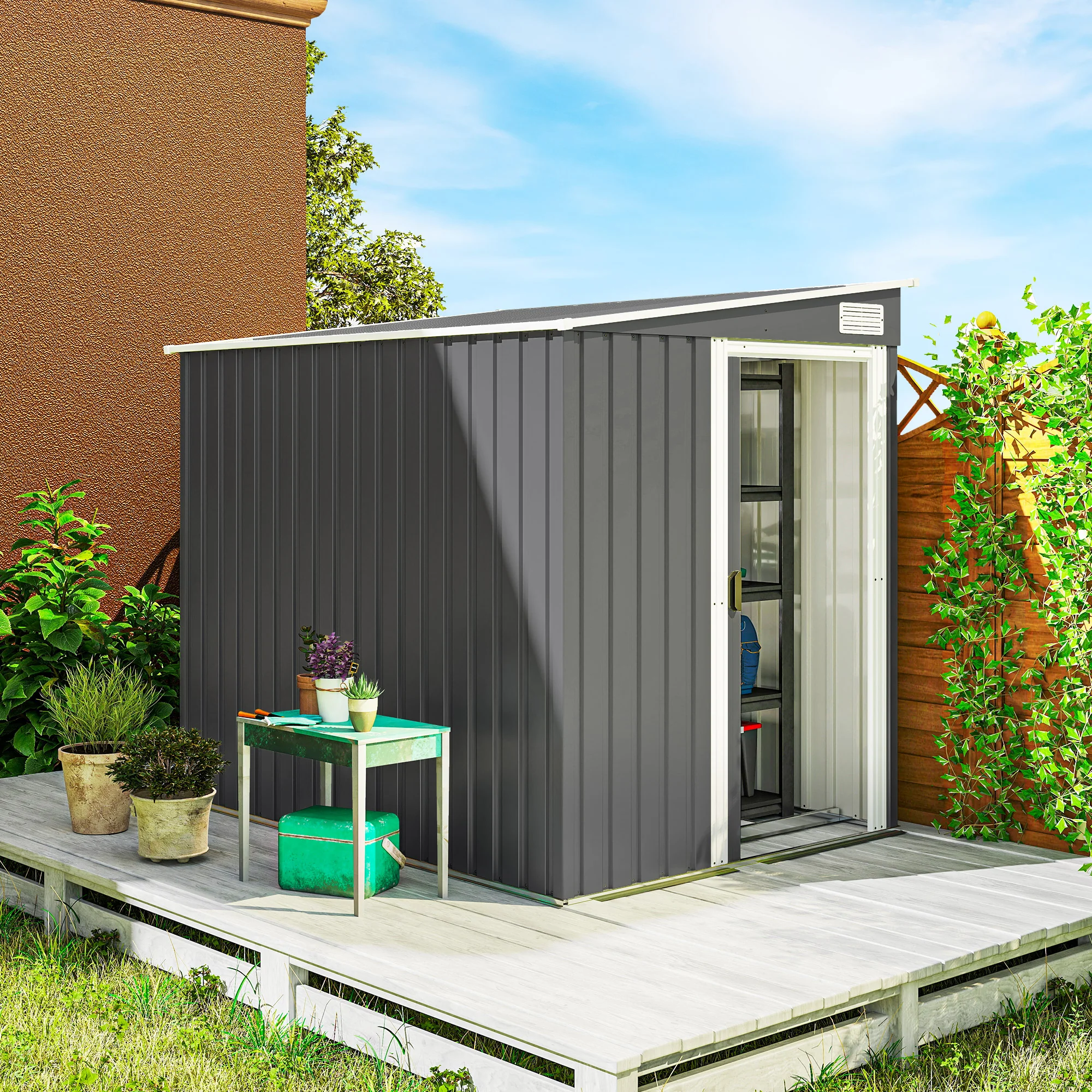 5' x 7' Lean-to Metal Shed with Sliding Door & Shelves, Dark Grey - Image 3