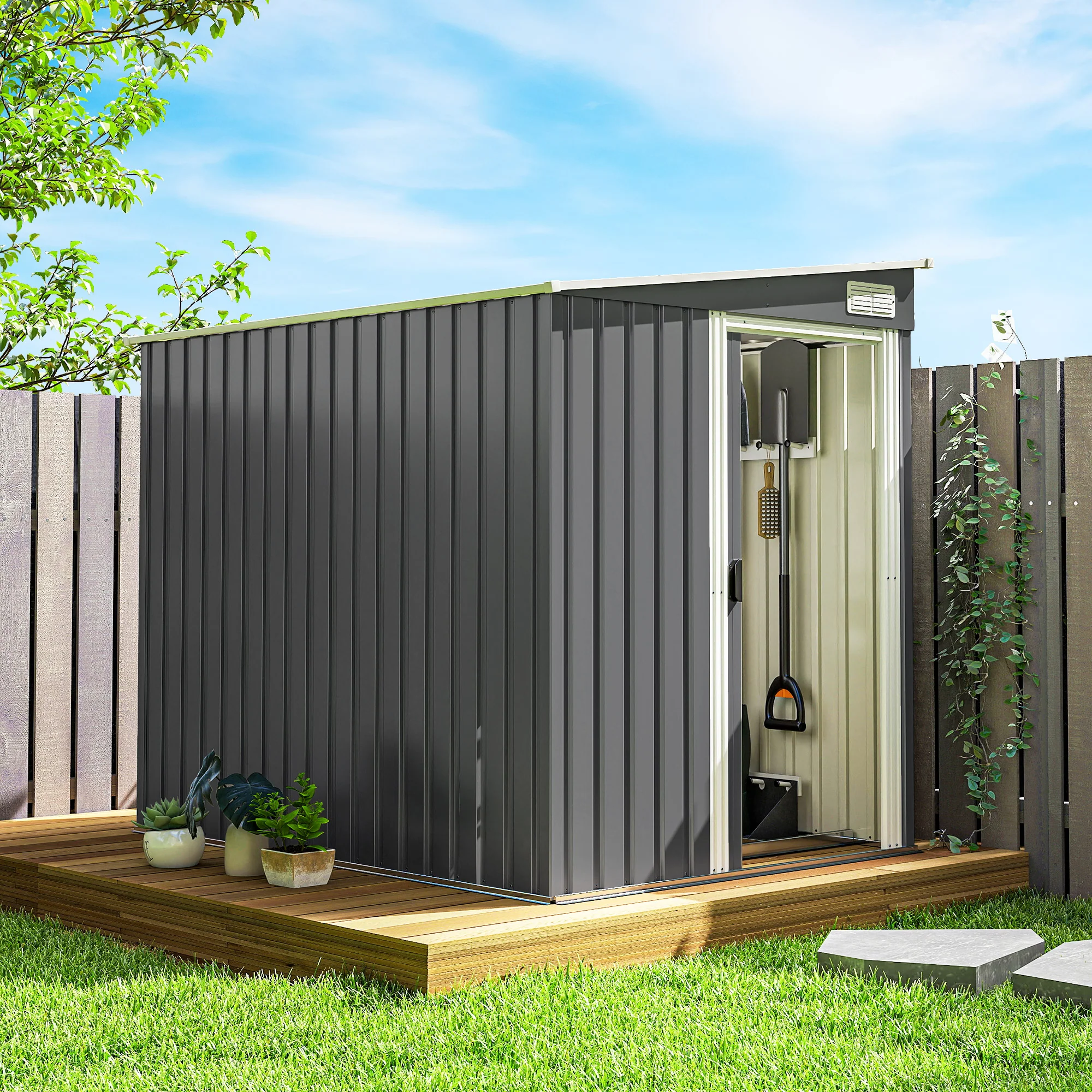 5' x 7' Lean-to Metal Shed with Sliding Door & Shelves, Dark Grey - Image 4