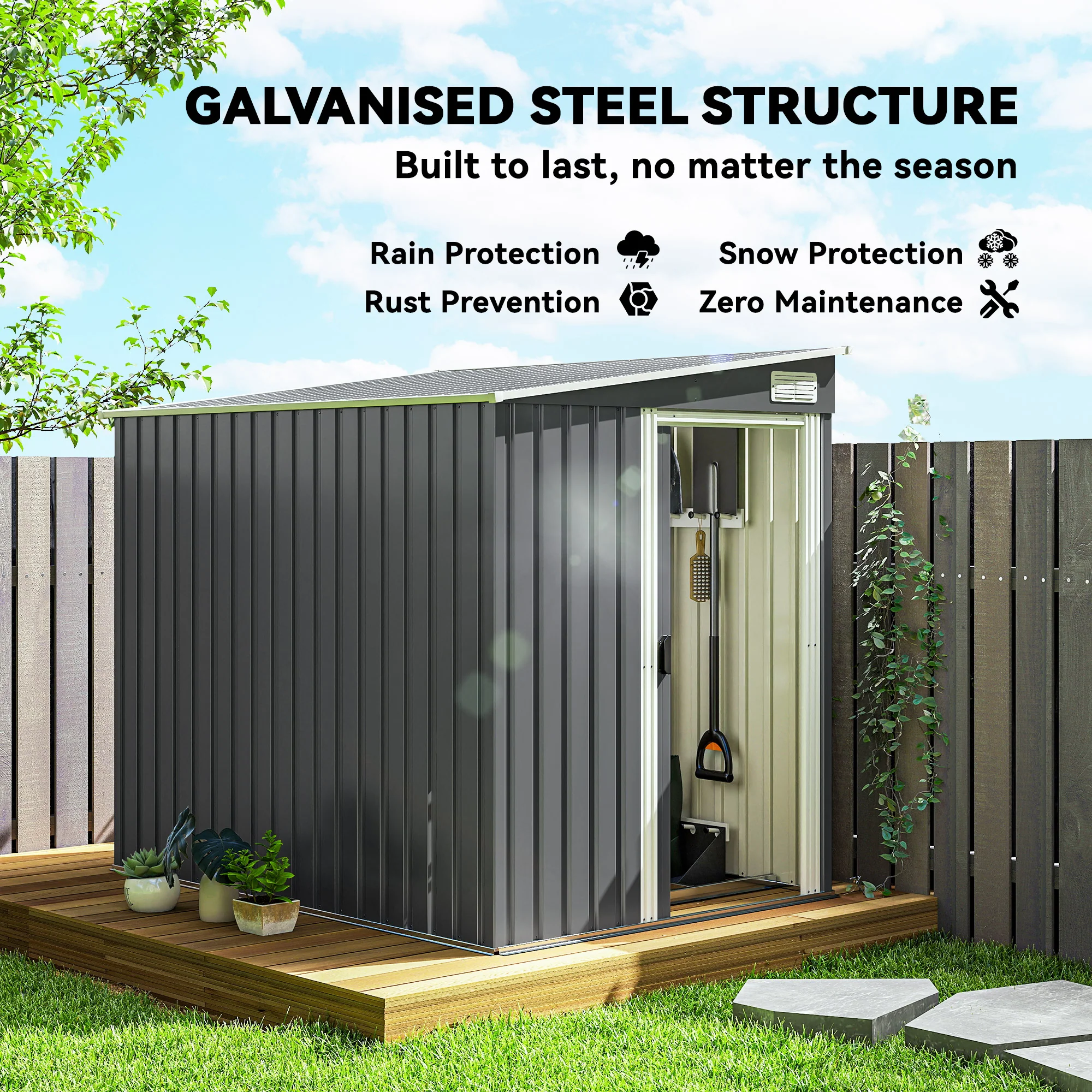 5' x 7' Lean-to Metal Shed with Sliding Door & Shelves, Dark Grey - Image 6