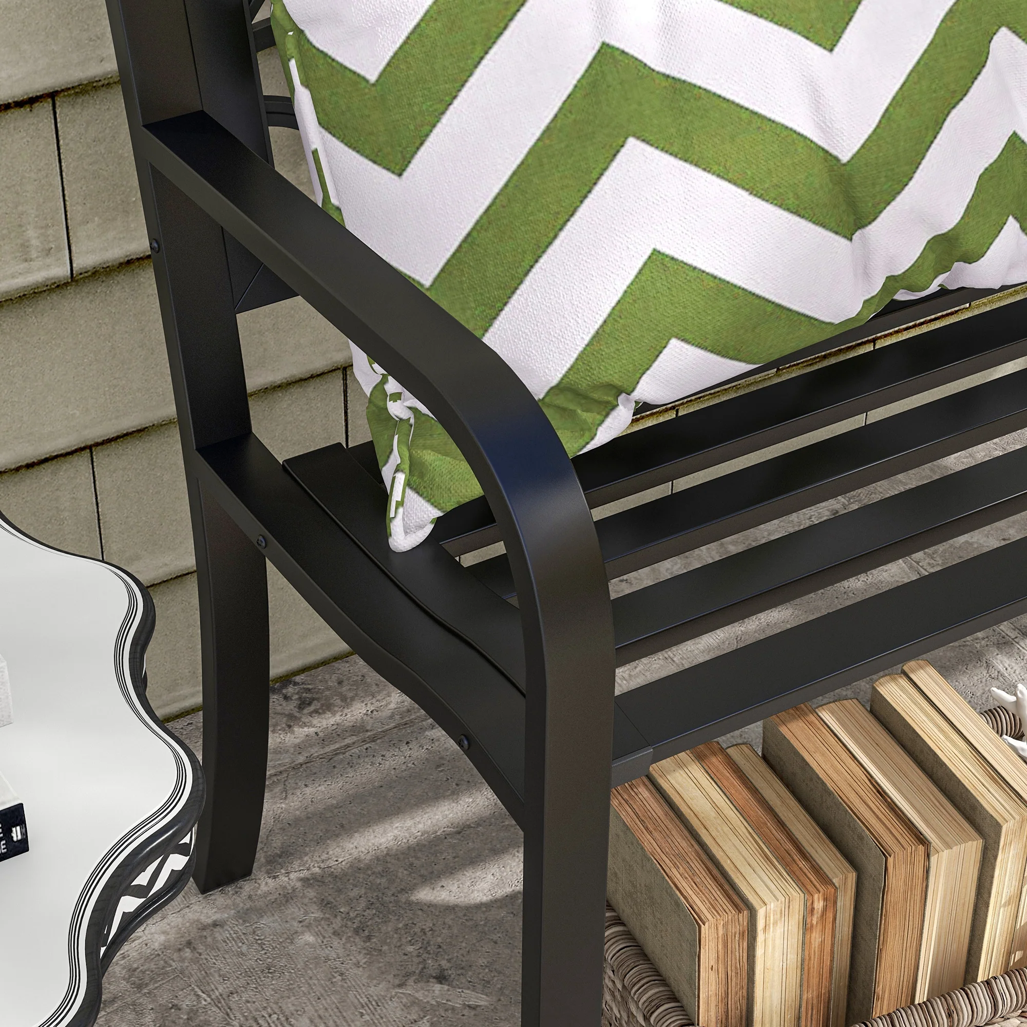 50" Outdoor Metal Frame Patio Loveseat w/ Floral Pattern Backrest & Cured Armrest, Black - Image 11