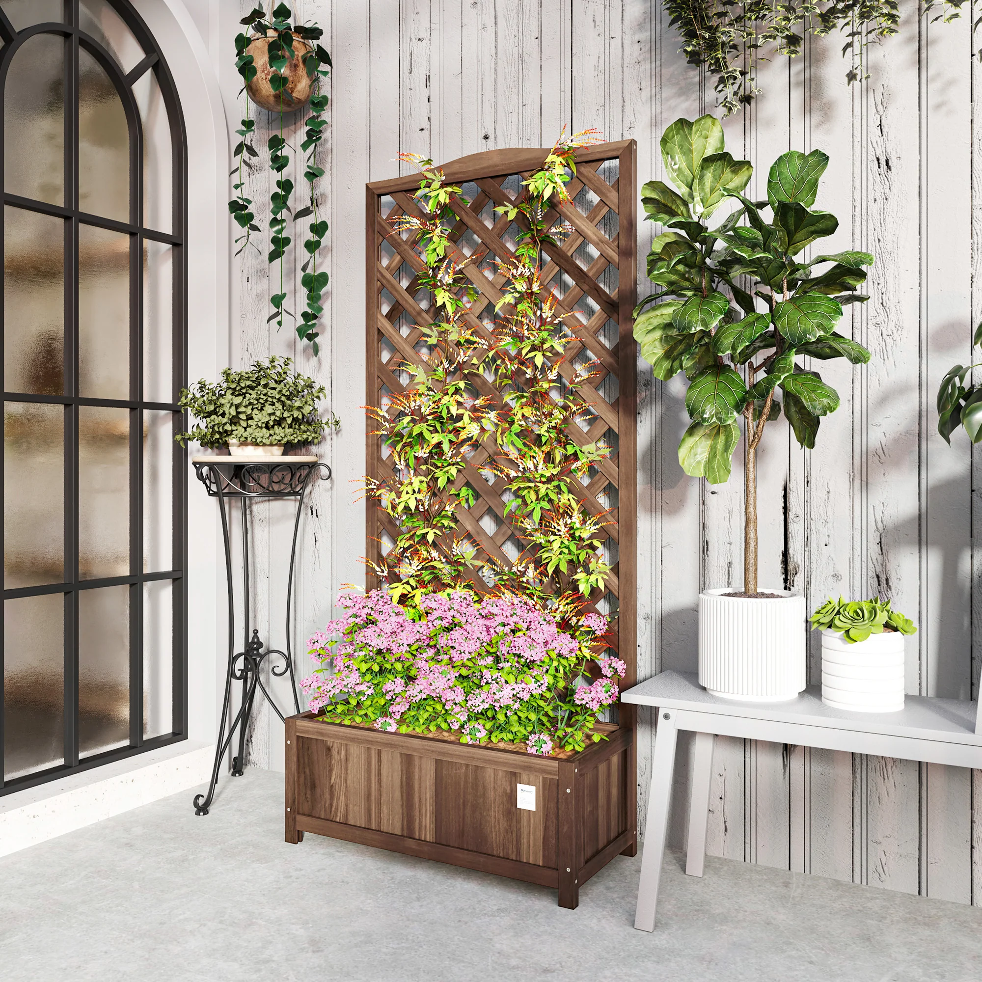 53L Garden Wooden Planter Box with Trellis Free Standing Flower Raised Bed with Lattice for Climbing Plants, 76cm x 36cm x 170cm, Dark Brown - Image 4