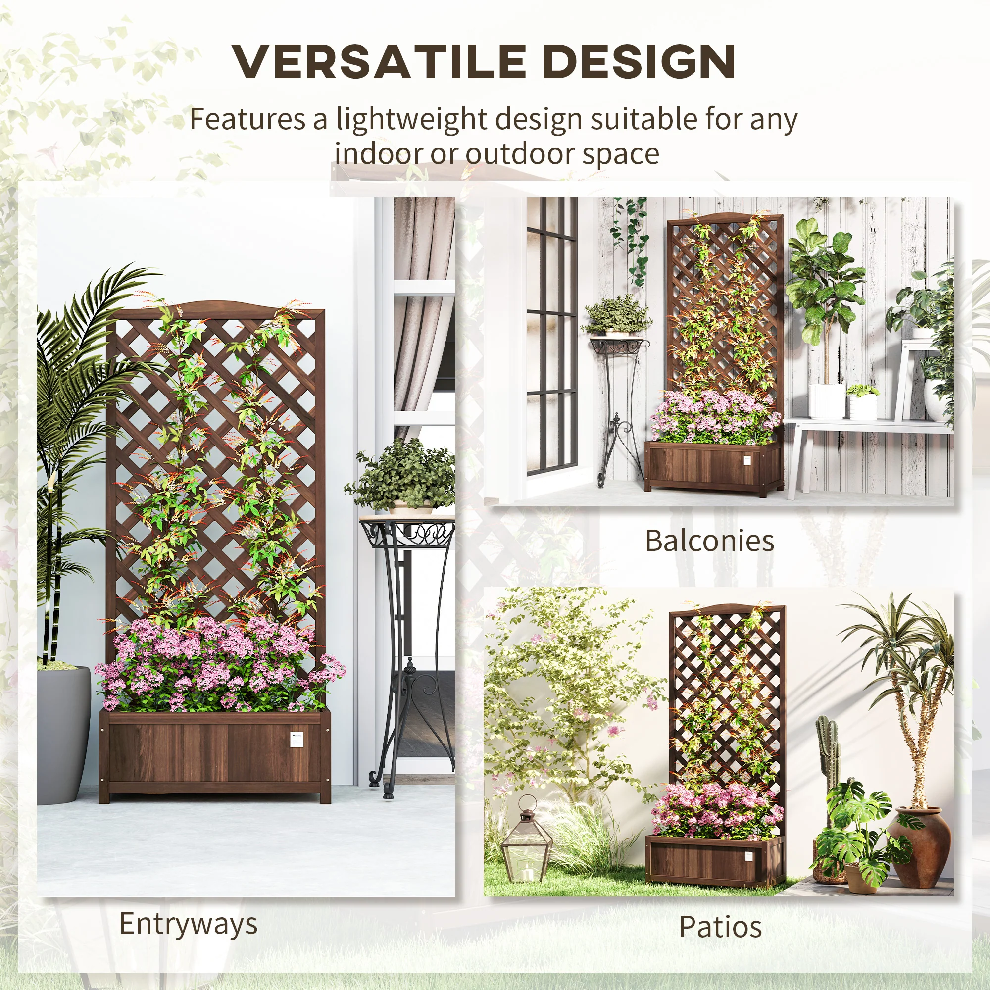 53L Garden Wooden Planter Box with Trellis Free Standing Flower Raised Bed with Lattice for Climbing Plants, 76cm x 36cm x 170cm, Dark Brown - Image 6