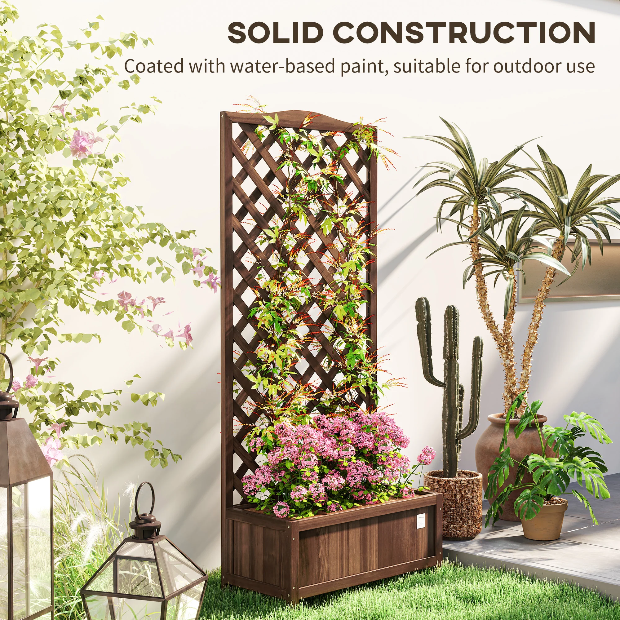 53L Garden Wooden Planter Box with Trellis Free Standing Flower Raised Bed with Lattice for Climbing Plants, 76cm x 36cm x 170cm, Dark Brown - Image 9