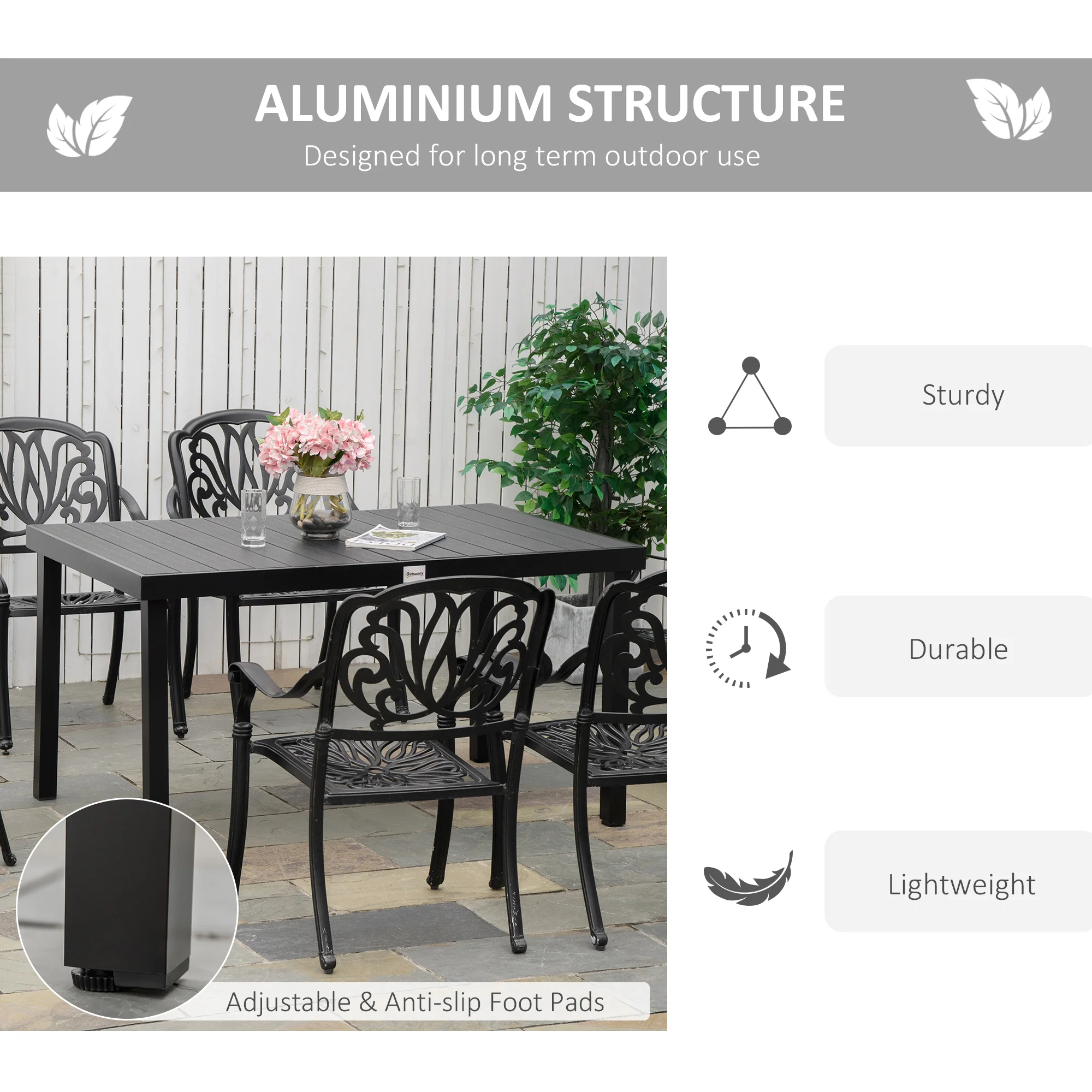 Outdoor Dining Table for 6, Patio Rectangular Table, 55" L x 35.5" W x 29.25" H, Black - Image 7