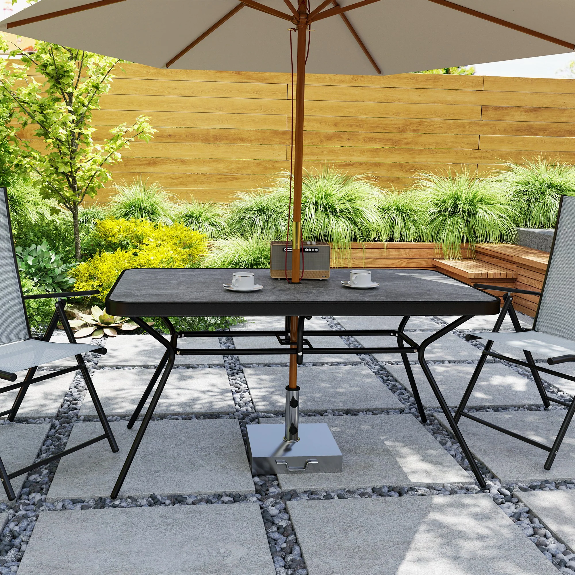 Rectangle Outdoor Dining Table for 6, with 1.7" Umbrella Hole & Easy Clean Tabletop, Grey - Image 10