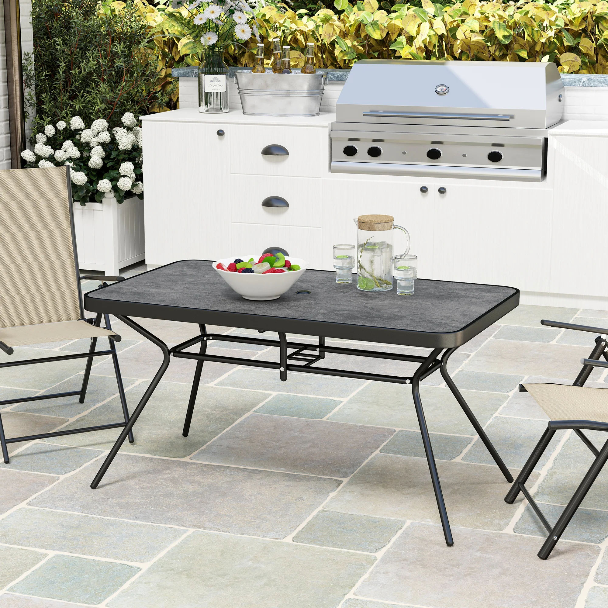 Rectangle Outdoor Dining Table for 6, with 1.7" Umbrella Hole & Easy Clean Tabletop, Grey - Image 11