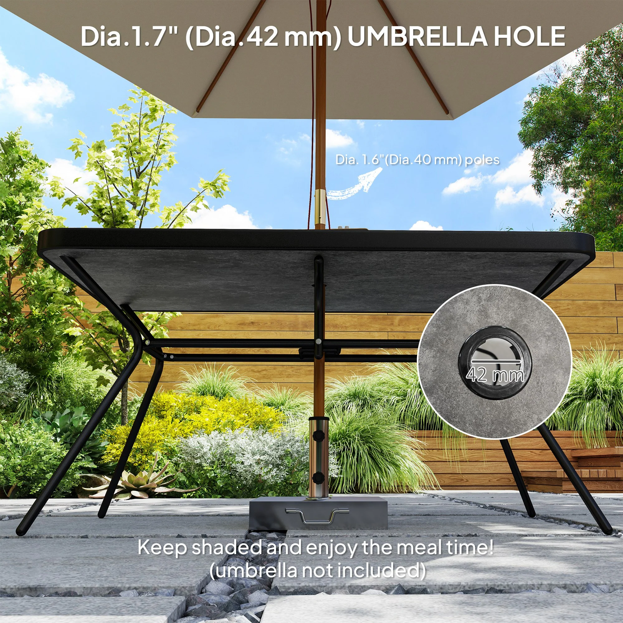Rectangle Outdoor Dining Table for 6, with 1.7" Umbrella Hole & Easy Clean Tabletop, Grey - Image 7