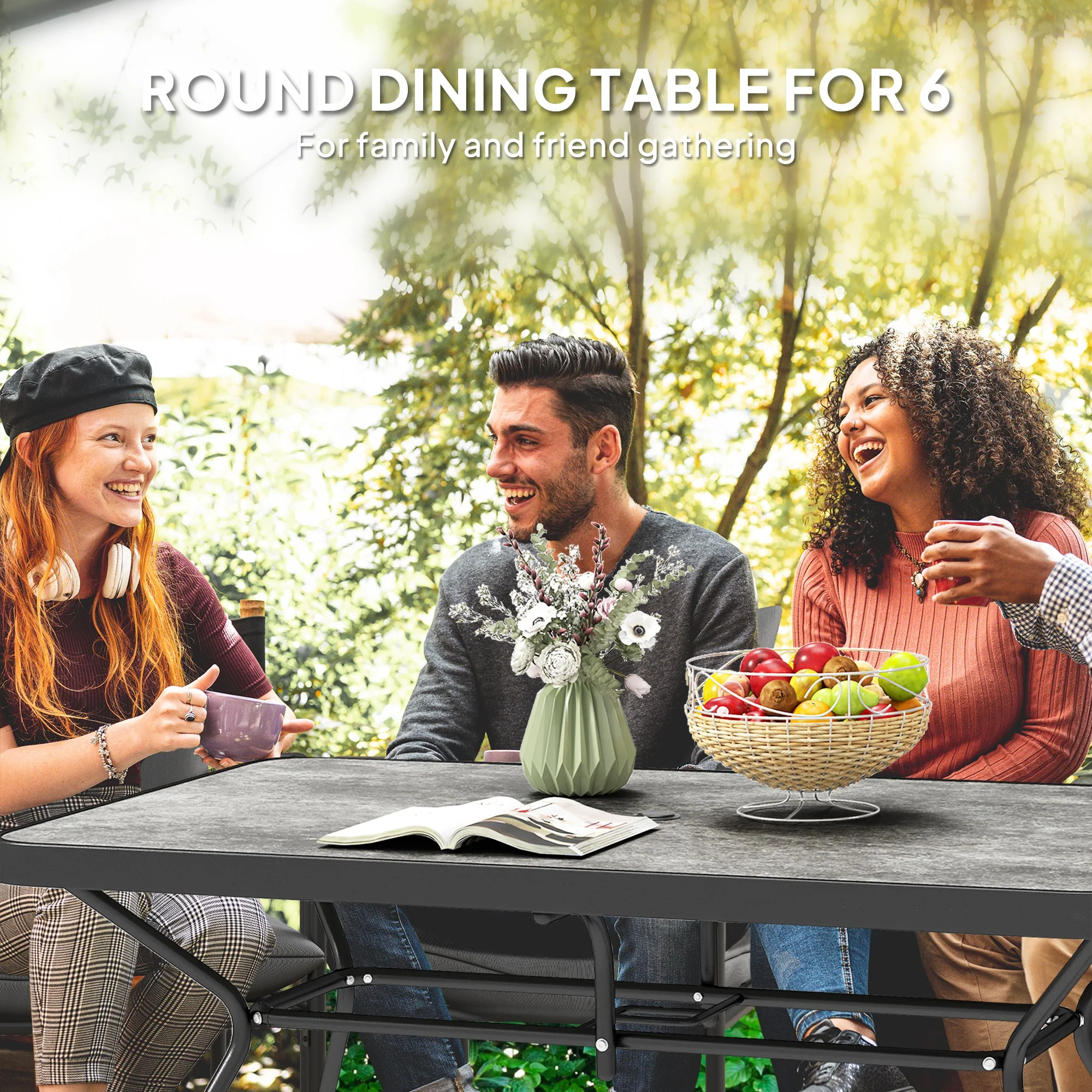 Rectangle Outdoor Dining Table for 6, with 1.7" Umbrella Hole & Easy Clean Tabletop, Grey - Image 8