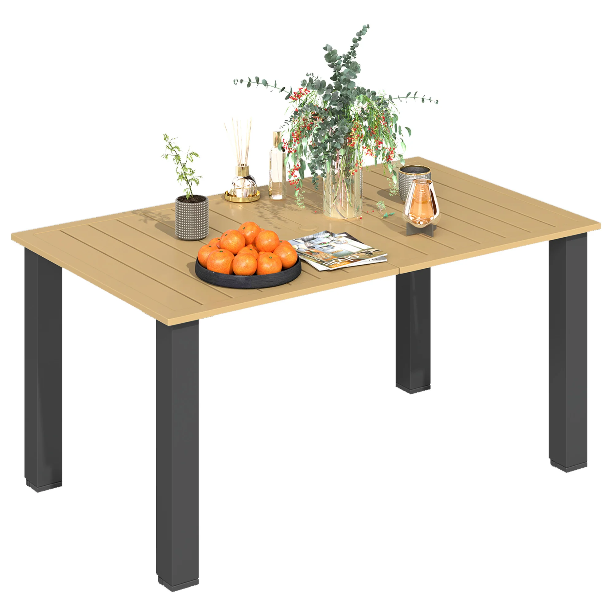 59" Outdoor Patio Table with Umbrella Hole & Slatted Tabletop for Backyard Garden, Brown