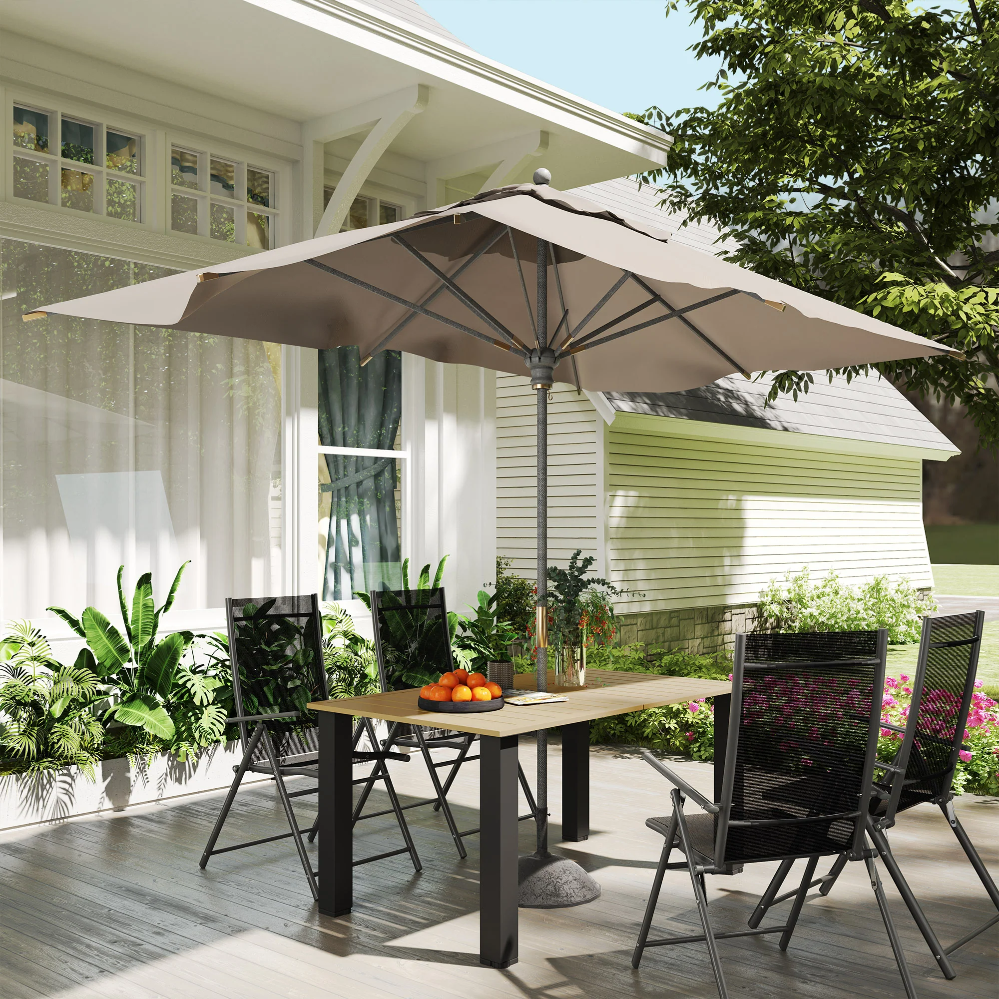 59" Outdoor Patio Table with Umbrella Hole & Slatted Tabletop for Backyard Garden, Brown - Image 10