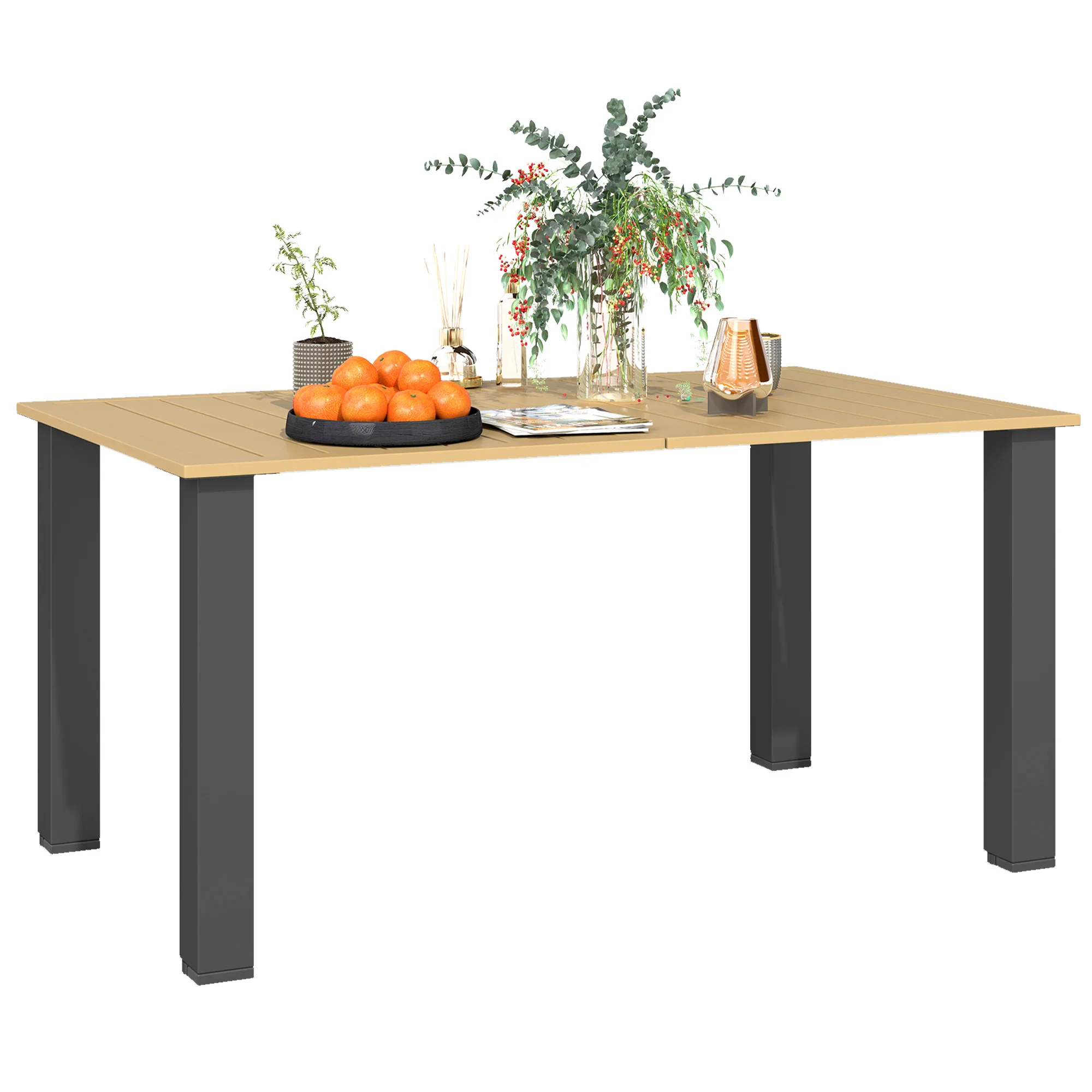 59" Outdoor Patio Table with Umbrella Hole & Slatted Tabletop for Backyard Garden, Brown - Image 2