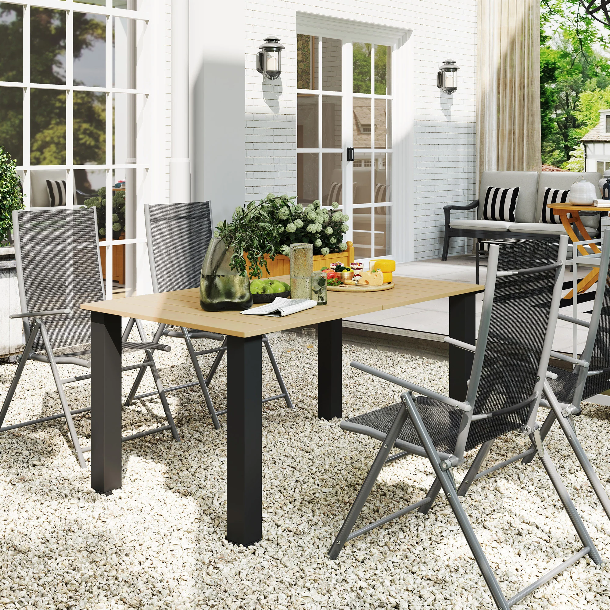 59" Outdoor Patio Table with Umbrella Hole & Slatted Tabletop for Backyard Garden, Brown - Image 4
