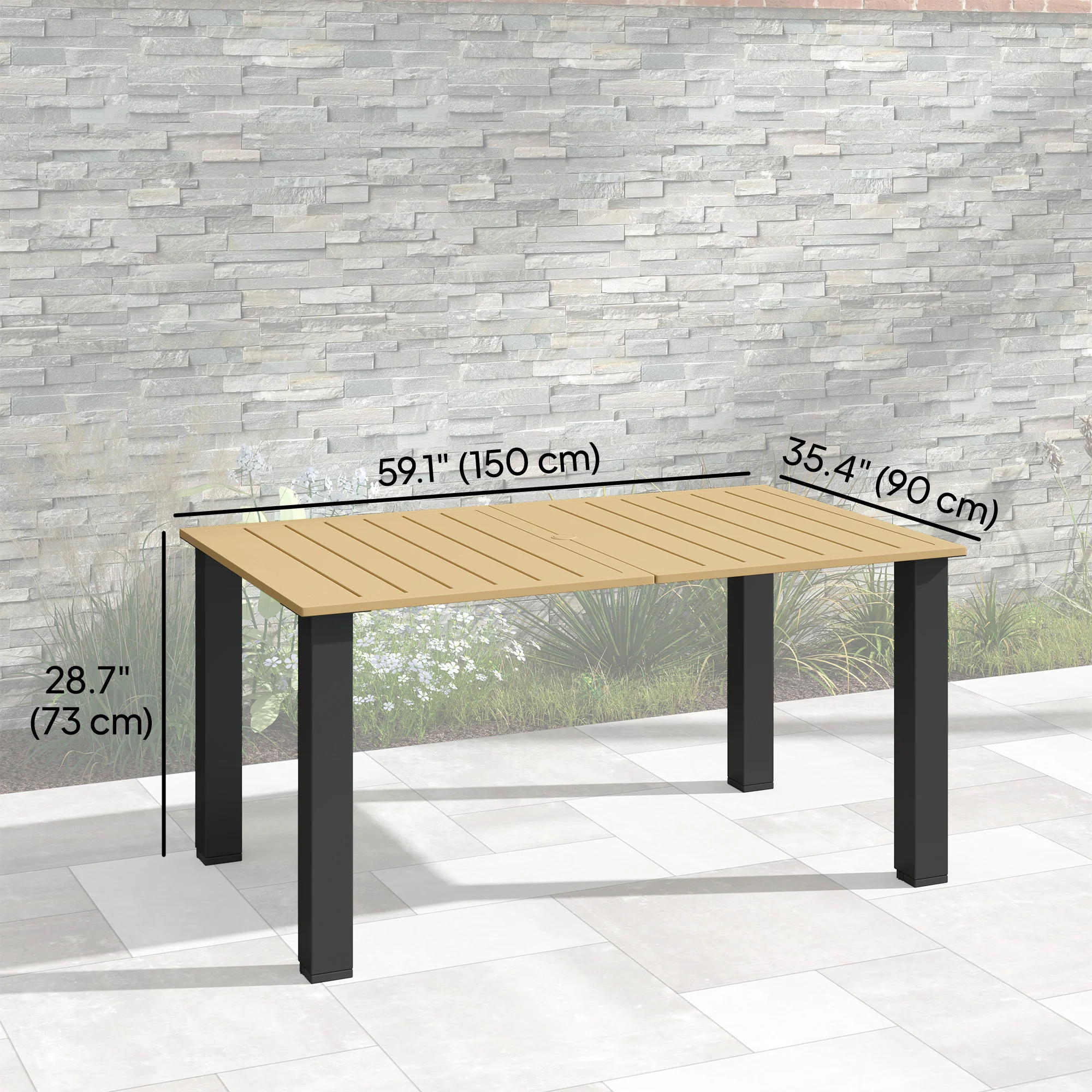 59" Outdoor Patio Table with Umbrella Hole & Slatted Tabletop for Backyard Garden, Brown - Image 5