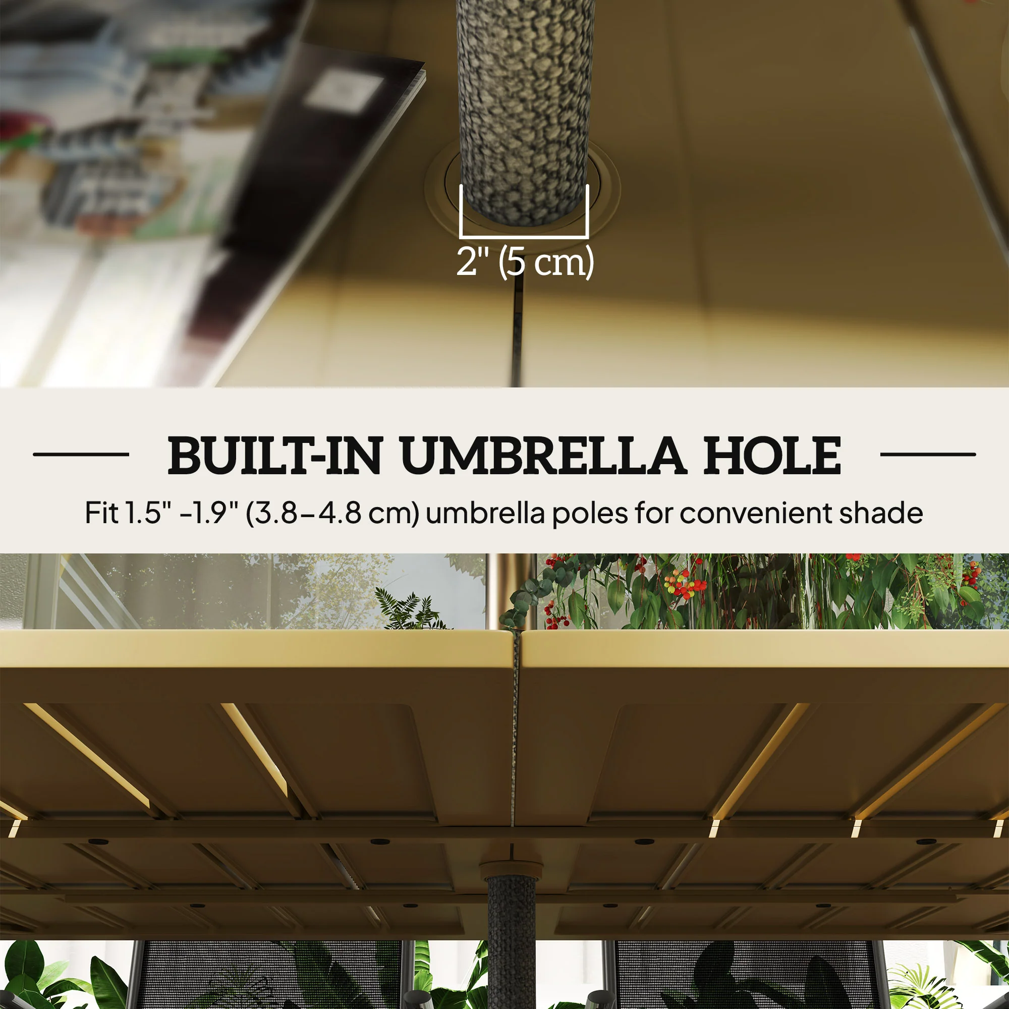 59" Outdoor Patio Table with Umbrella Hole & Slatted Tabletop for Backyard Garden, Brown - Image 7