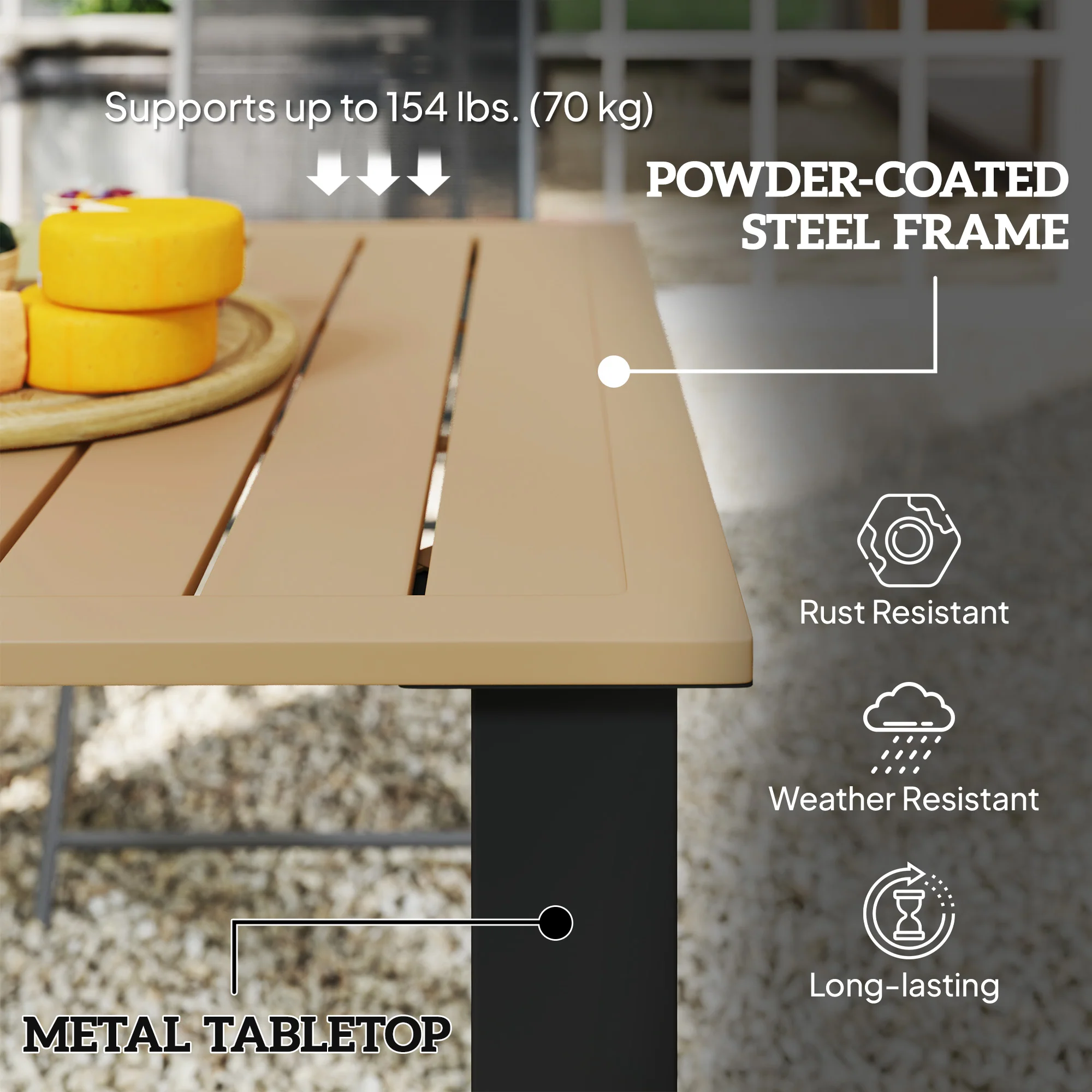 59" Outdoor Patio Table with Umbrella Hole & Slatted Tabletop for Backyard Garden, Brown - Image 9