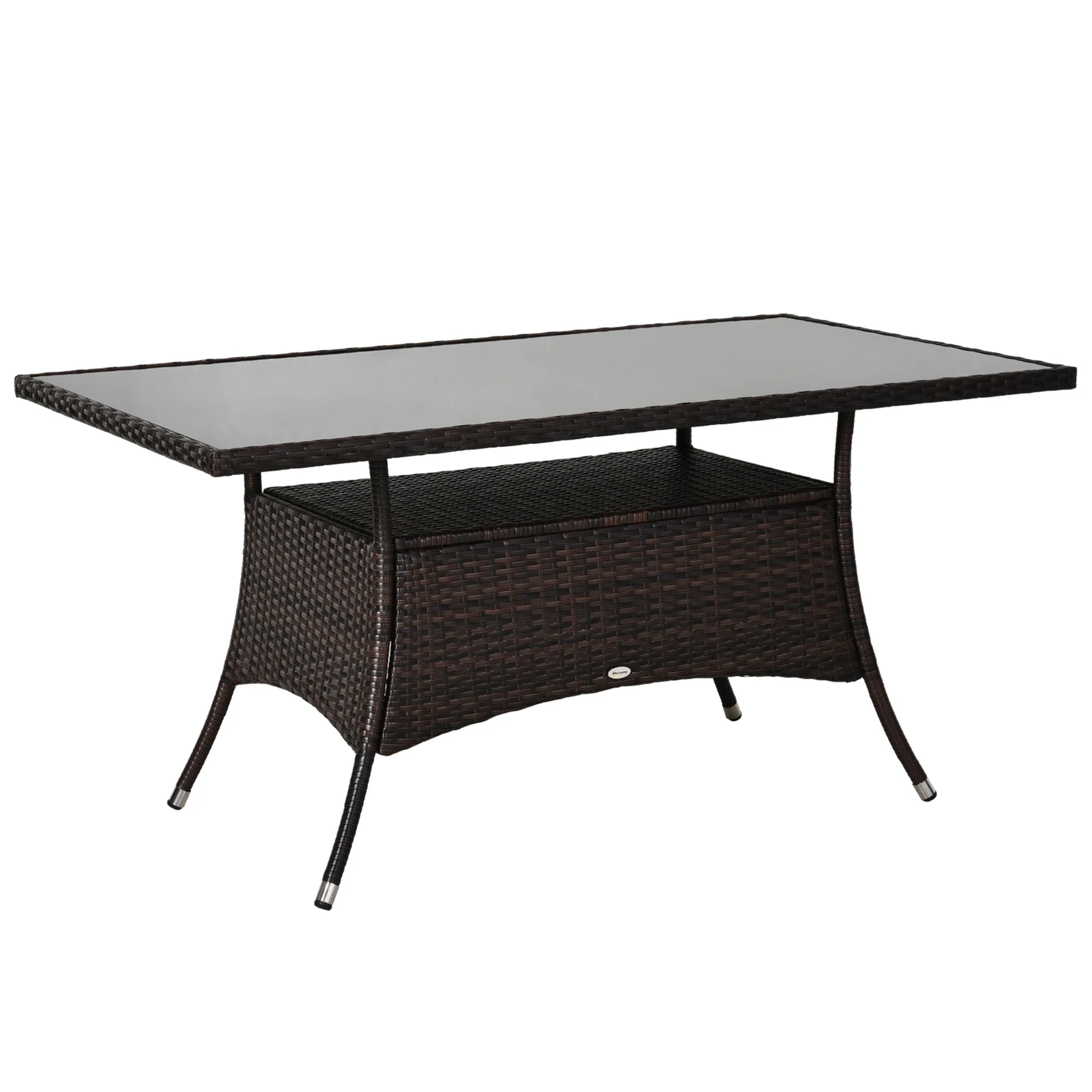 Patio Rattan Dining Table with Tempered Glass Tabletop & Storage Shelf for Yard, Brown