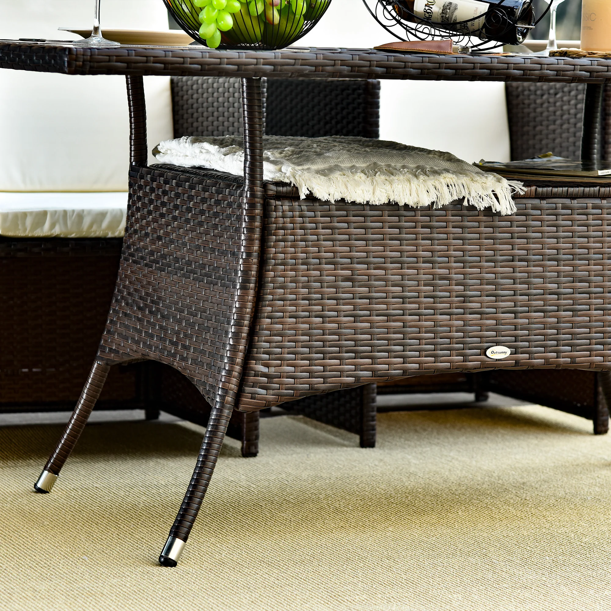 Patio Rattan Dining Table with Tempered Glass Tabletop & Storage Shelf for Yard, Brown - Image 10