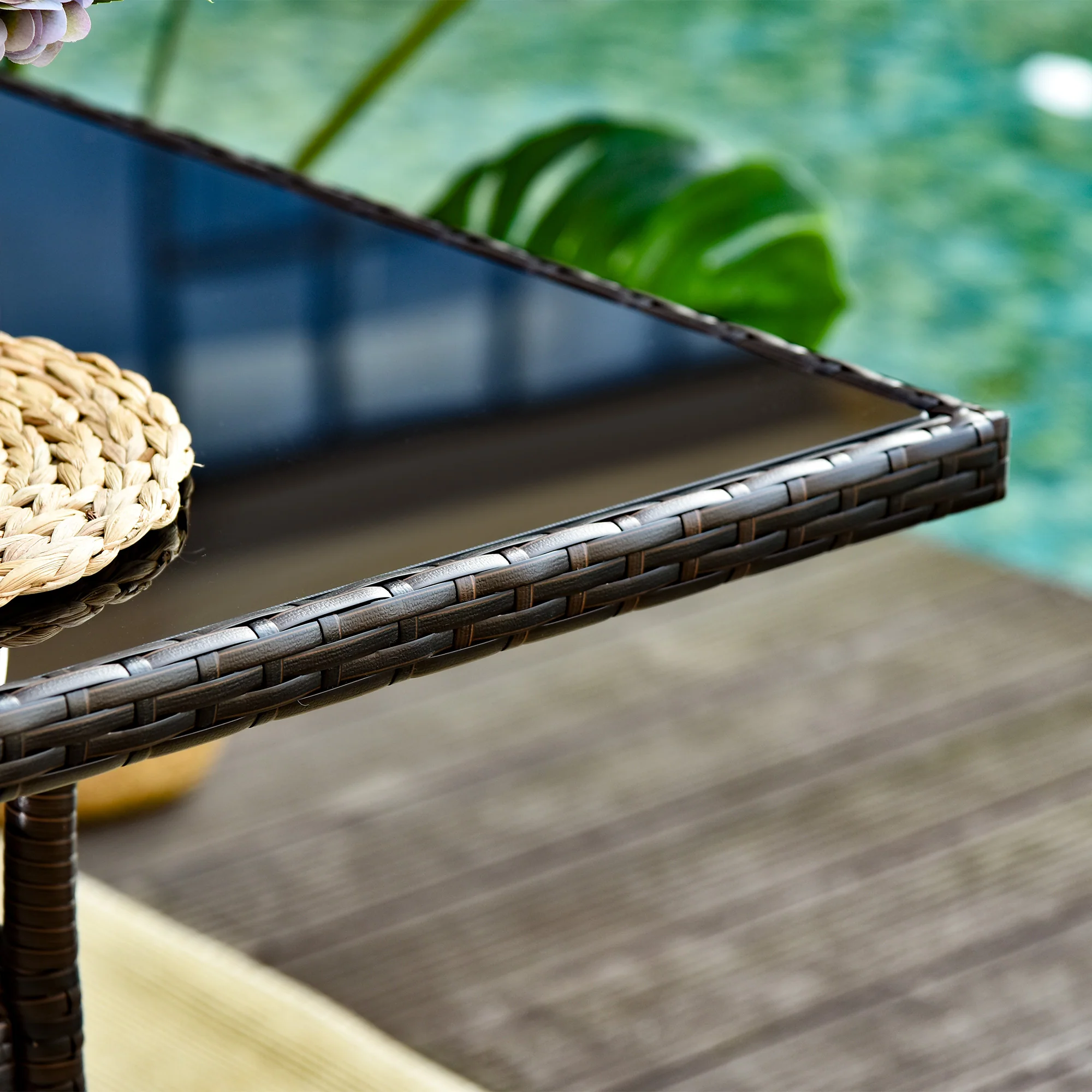 Patio Rattan Dining Table with Tempered Glass Tabletop & Storage Shelf for Yard, Brown - Image 11