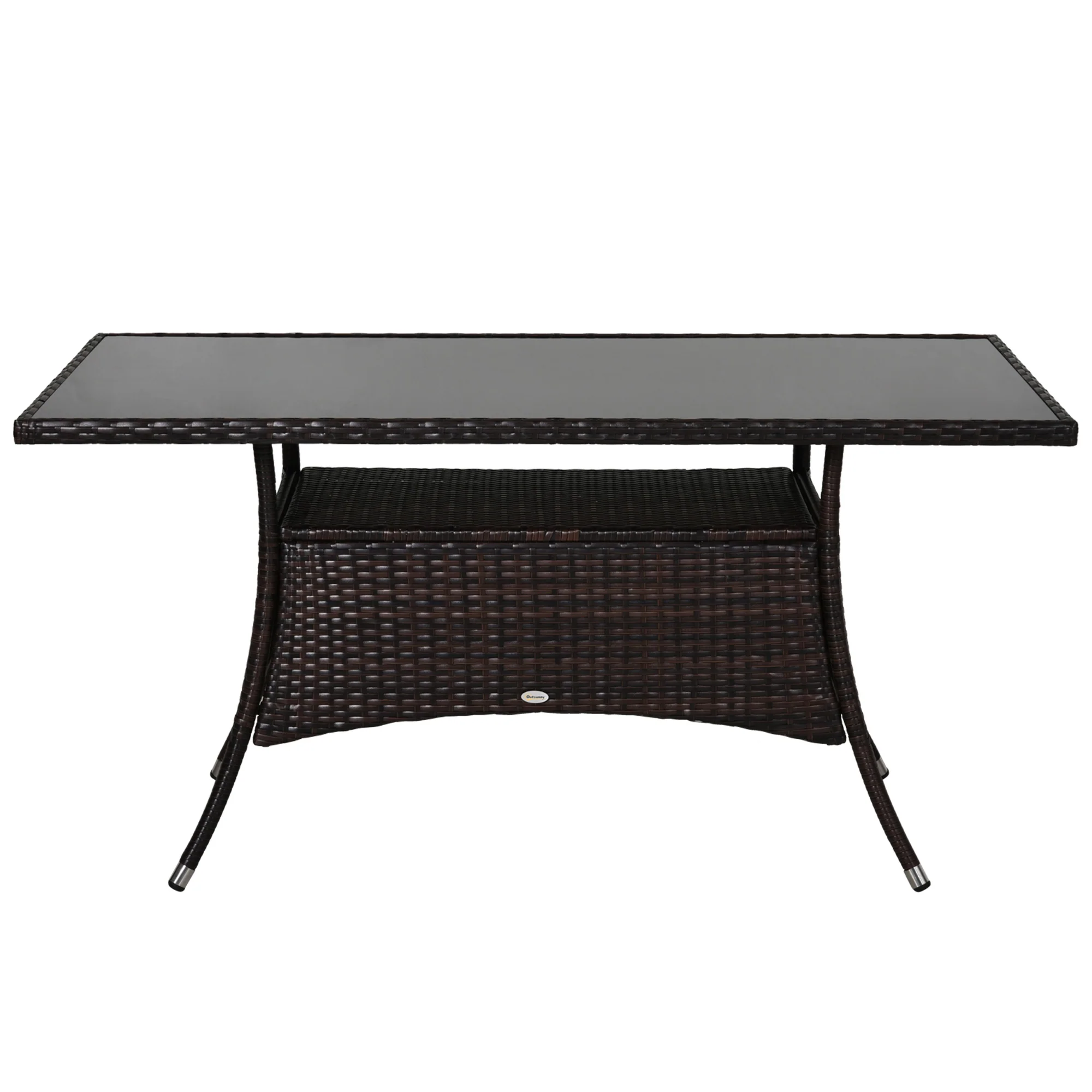 Patio Rattan Dining Table with Tempered Glass Tabletop & Storage Shelf for Yard, Brown - Image 2