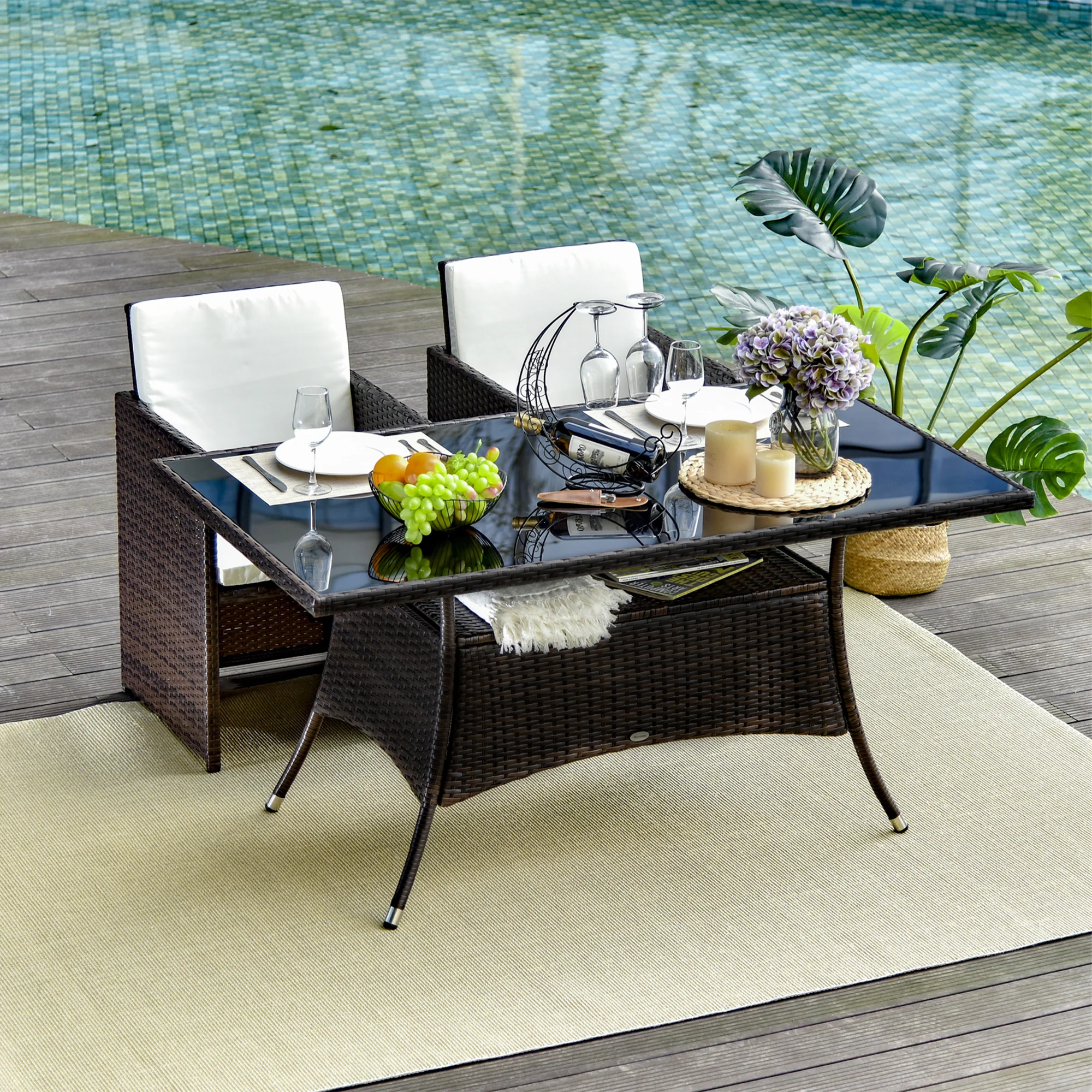 Patio Rattan Dining Table with Tempered Glass Tabletop & Storage Shelf for Yard, Brown - Image 3