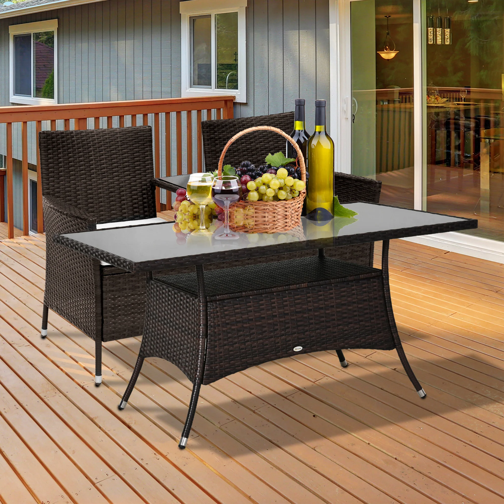 Patio Rattan Dining Table with Tempered Glass Tabletop & Storage Shelf for Yard, Brown - Image 4