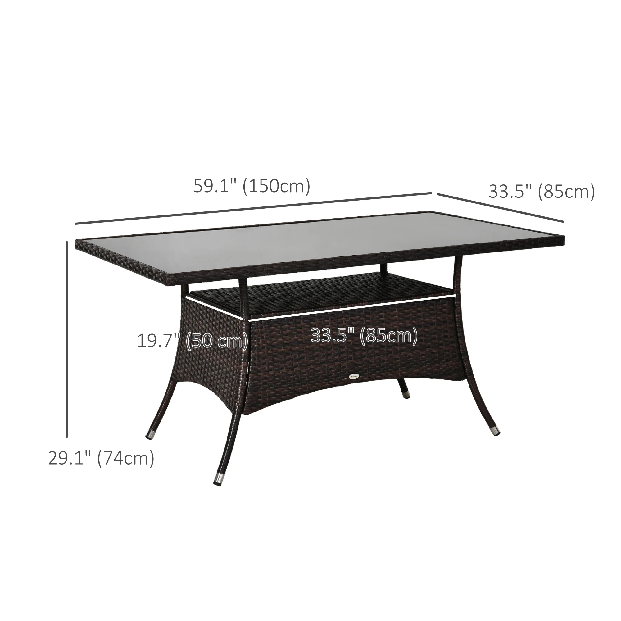 Patio Rattan Dining Table with Tempered Glass Tabletop & Storage Shelf for Yard, Brown - Image 5