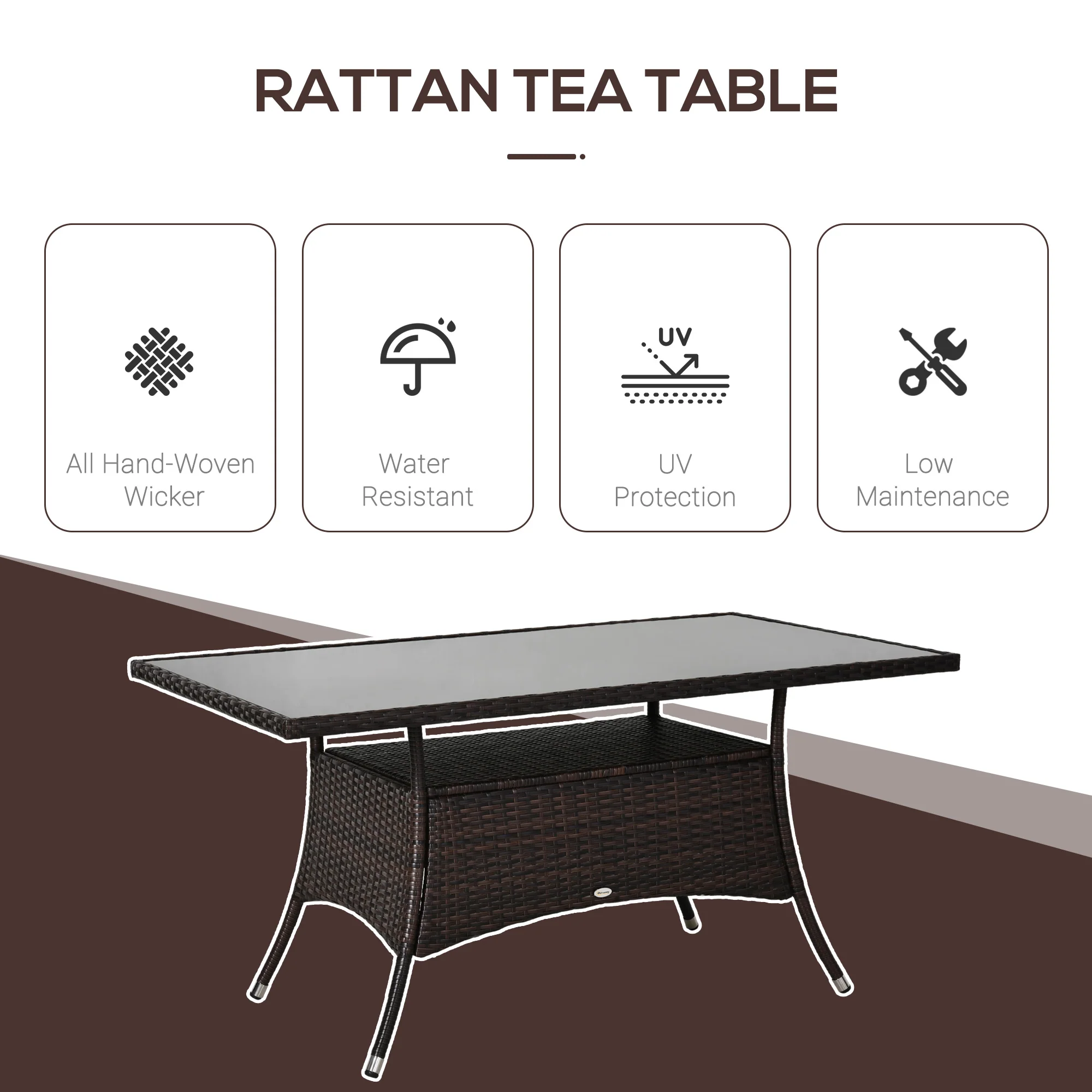 Patio Rattan Dining Table with Tempered Glass Tabletop & Storage Shelf for Yard, Brown - Image 6